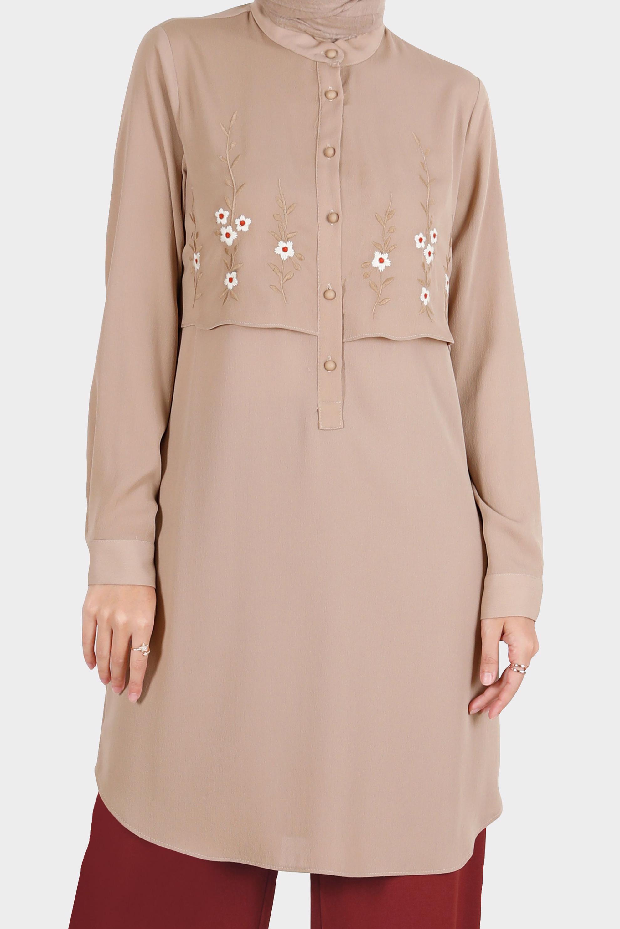 Tesettür giyim VİZON ÇİÇEK NAKIŞLI DÜĞMELİ AEROBİN TUNİK 42797 