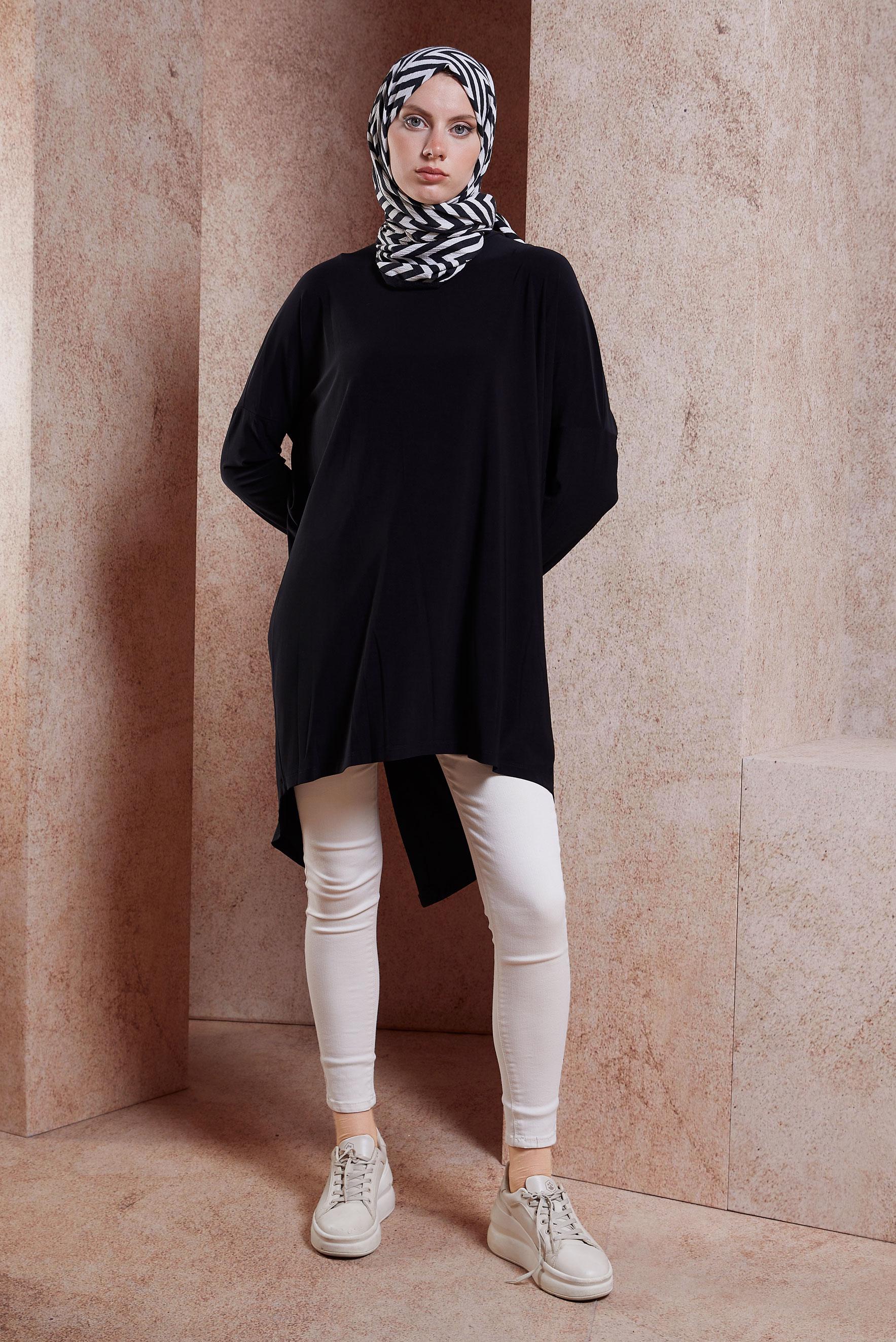Tesettür giyim SİYAH ASİMETRİK KESİM TESETTÜR TUNİK 42809