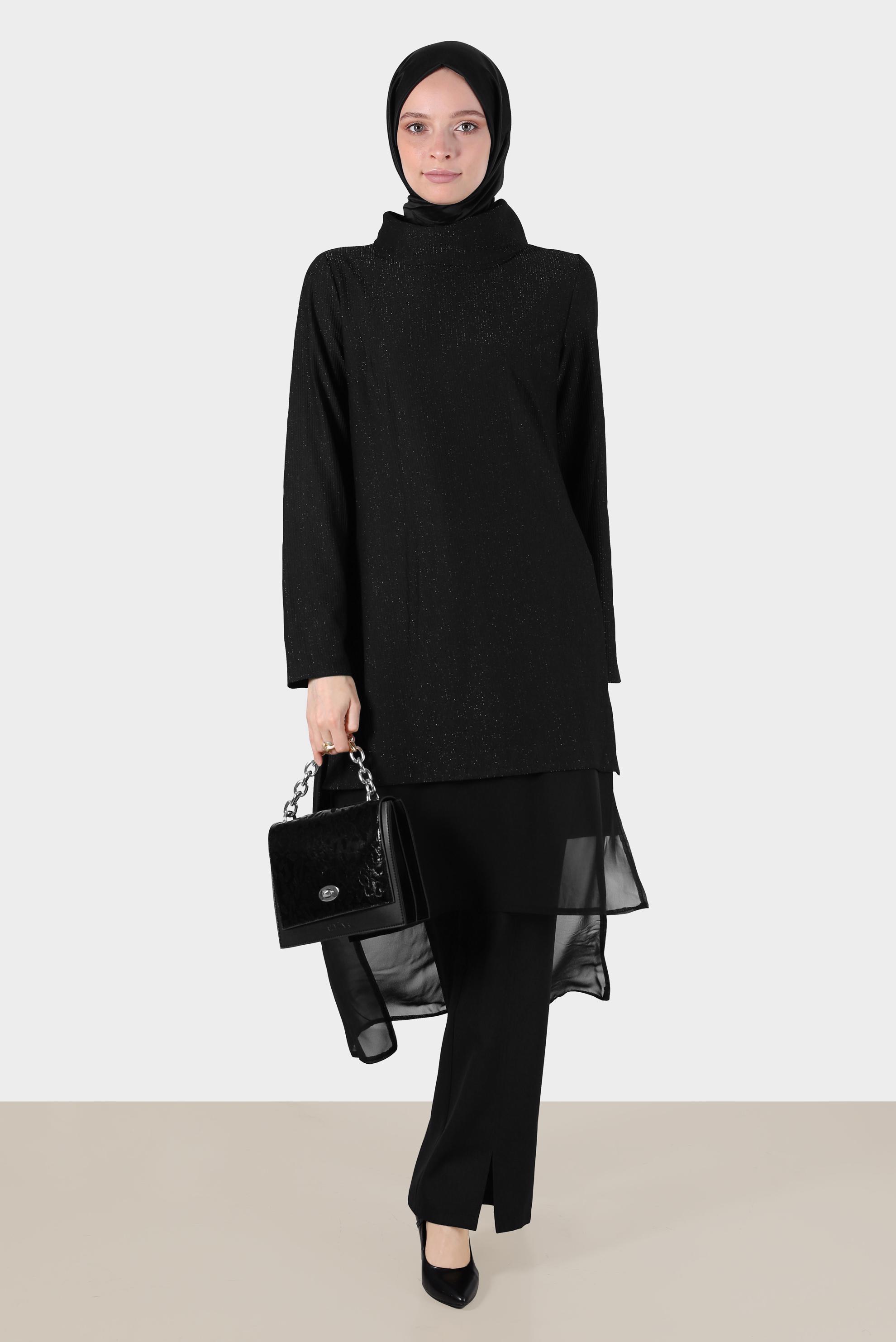 Tesettür giyim SİYAH ŞİFON DETAYLI SİMLİ TUNİK 42811 