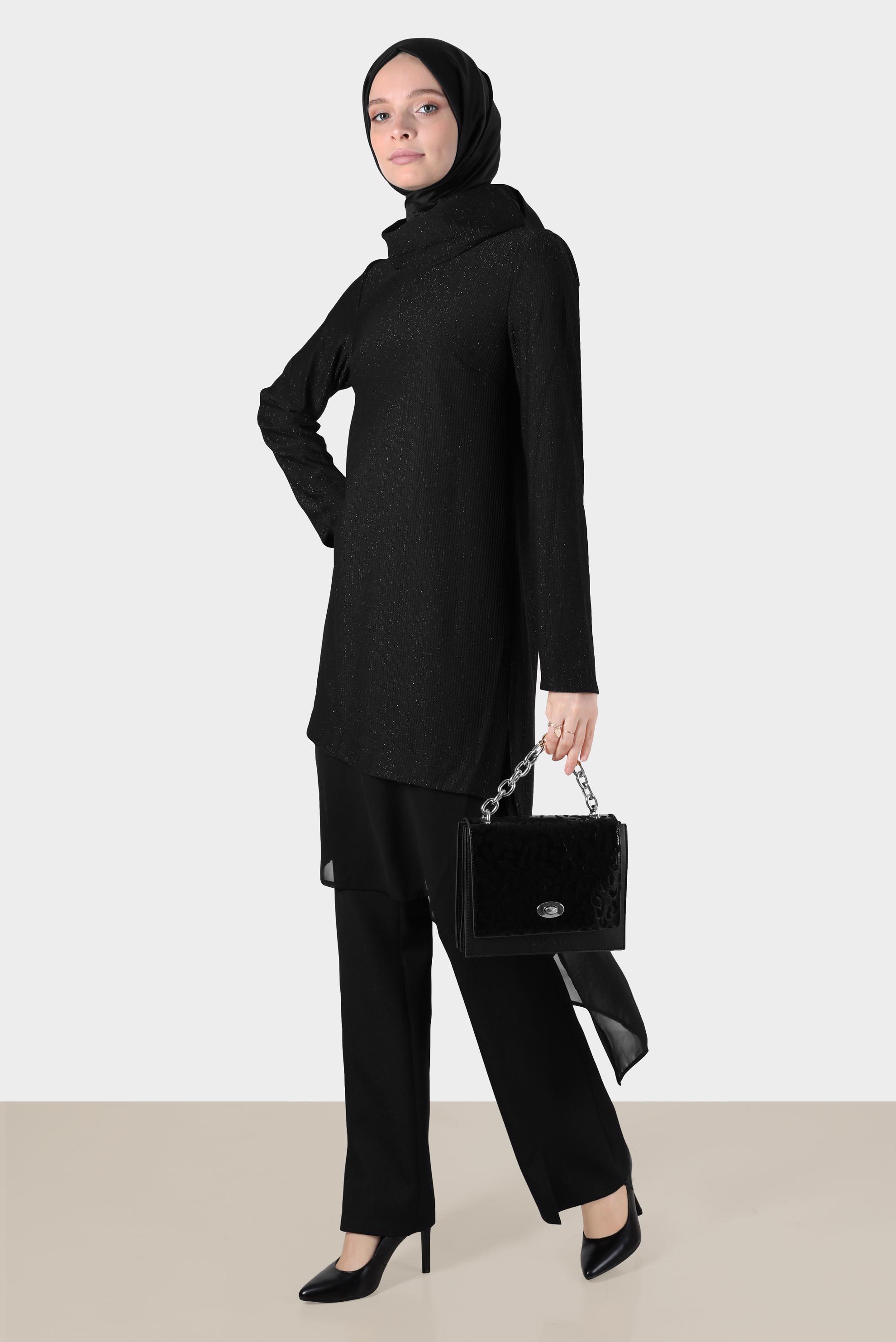 Tesettür giyim SİYAH ŞİFON DETAYLI SİMLİ TUNİK 42811 