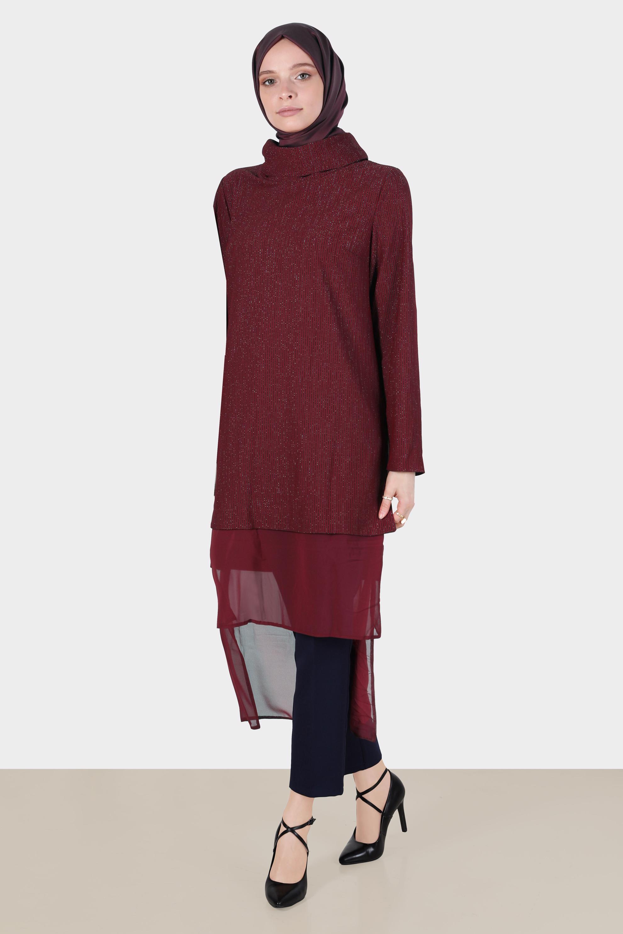 Tesettür giyim BORDO ŞİFON DETAYLI SİMLİ TUNİK 42811 