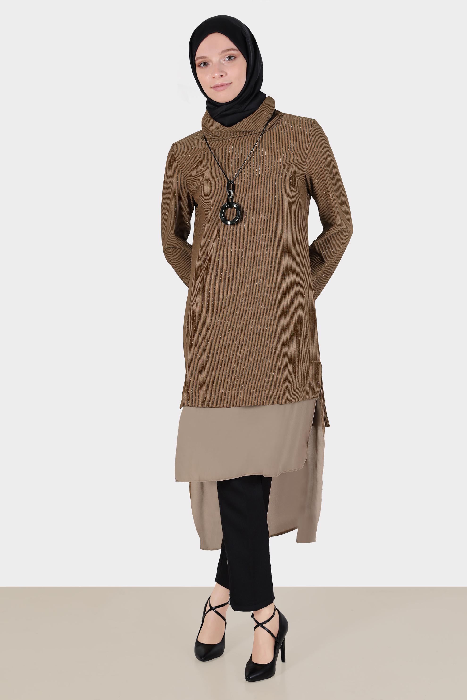 Tesettür giyim KAHVE ŞİFON DETAYLI SİMLİ TUNİK 42811 