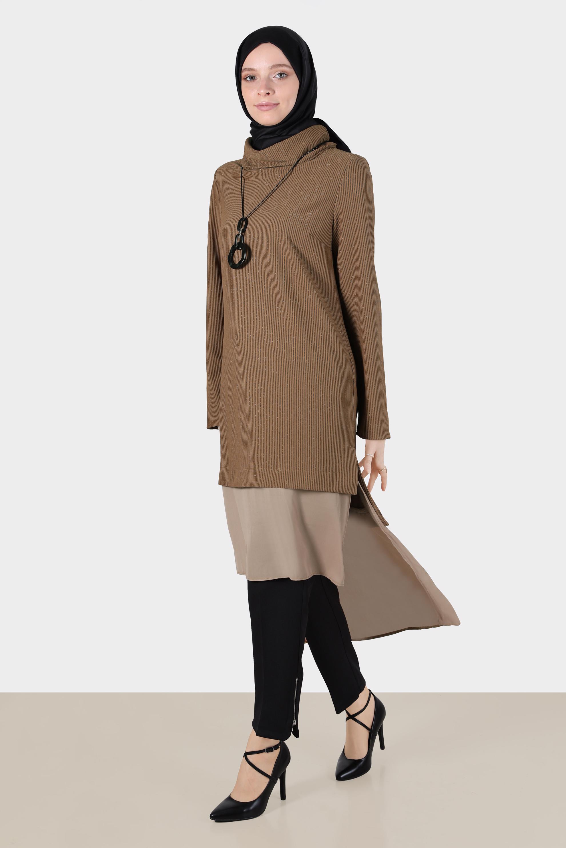 Tesettür giyim KAHVE ŞİFON DETAYLI SİMLİ TUNİK 42811 