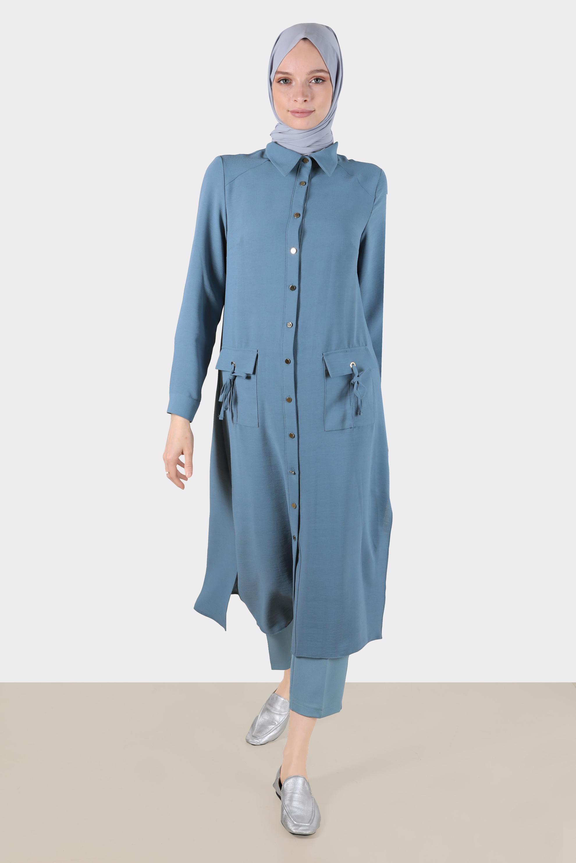 Tesettür giyim MAVİ BAĞLAMA DETAYLI TUNİK 42816 