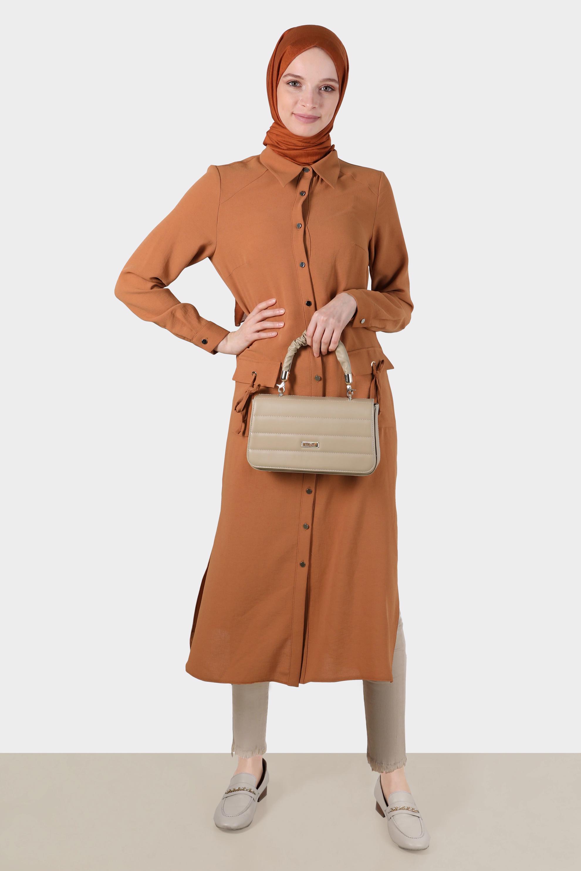 Tesettür giyim KAHVE BAĞLAMA DETAYLI TUNİK 42816 