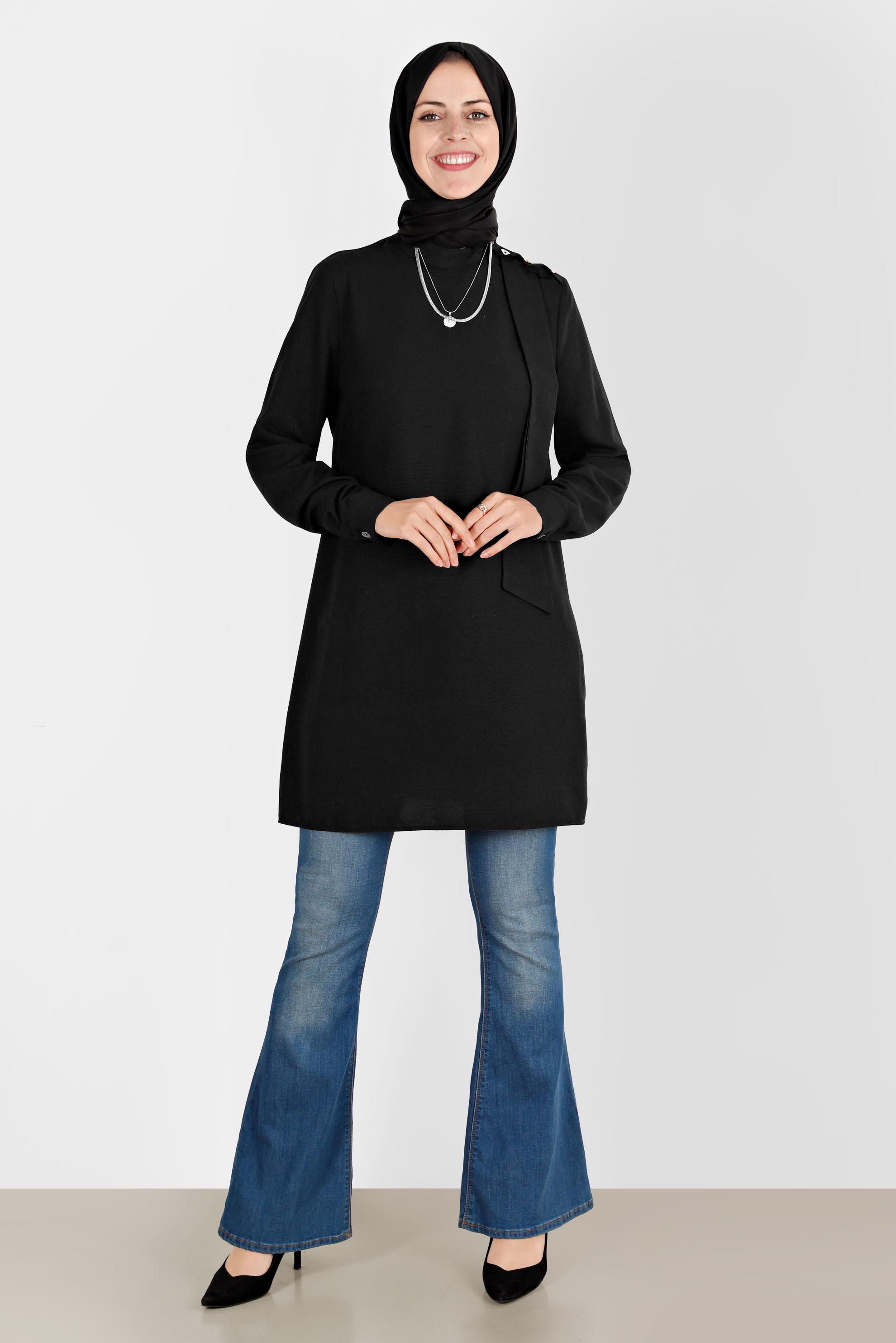 Tesettür giyim SİYAH FULAR DETAYLI DÜĞMELİ TUNİK 42817 