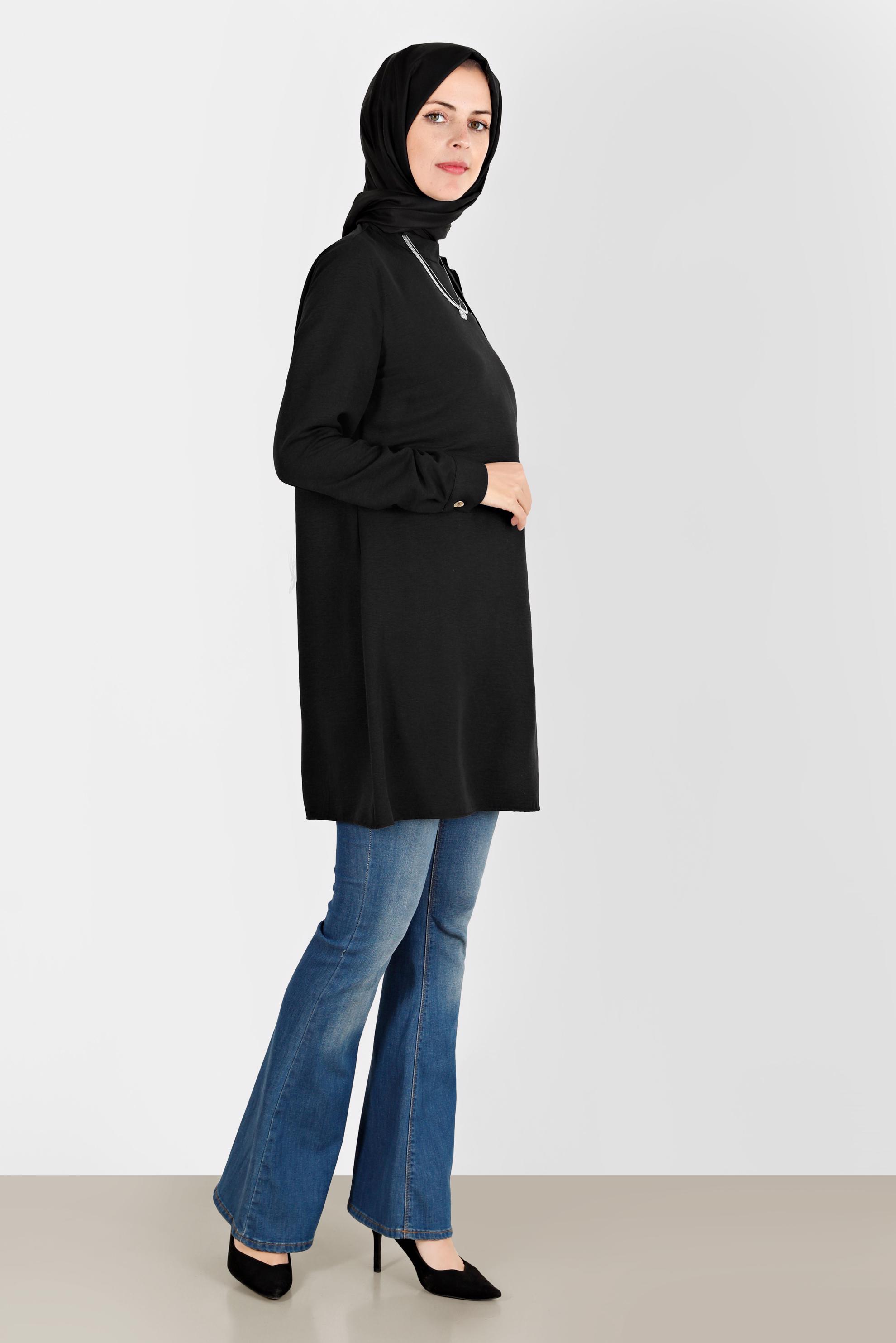 Tesettür giyim SİYAH FULAR DETAYLI DÜĞMELİ TUNİK 42817 