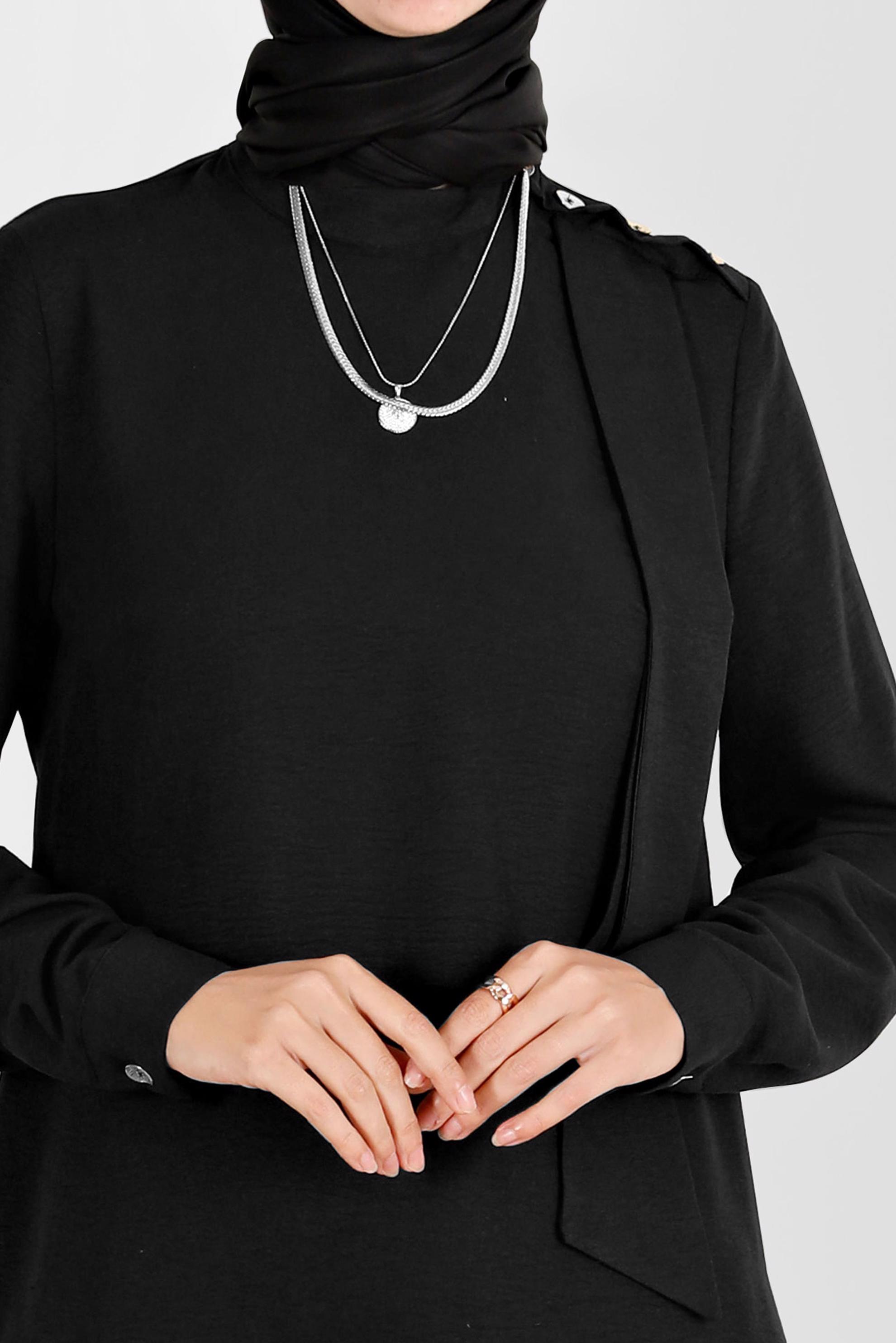 Tesettür giyim SİYAH FULAR DETAYLI DÜĞMELİ TUNİK 42817 