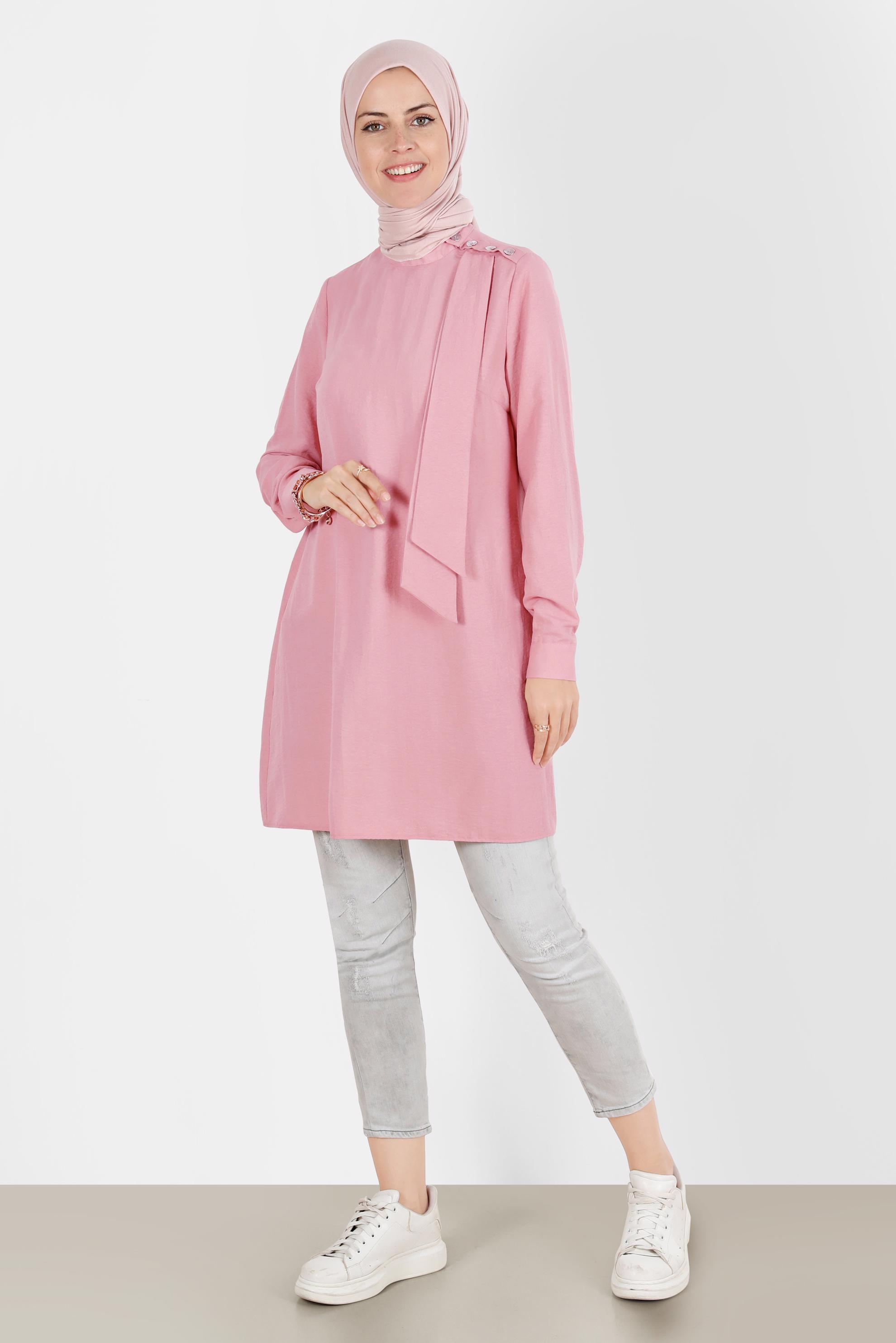 Tesettür giyim PUDRA FULAR DETAYLI DÜĞMELİ TUNİK 42817 