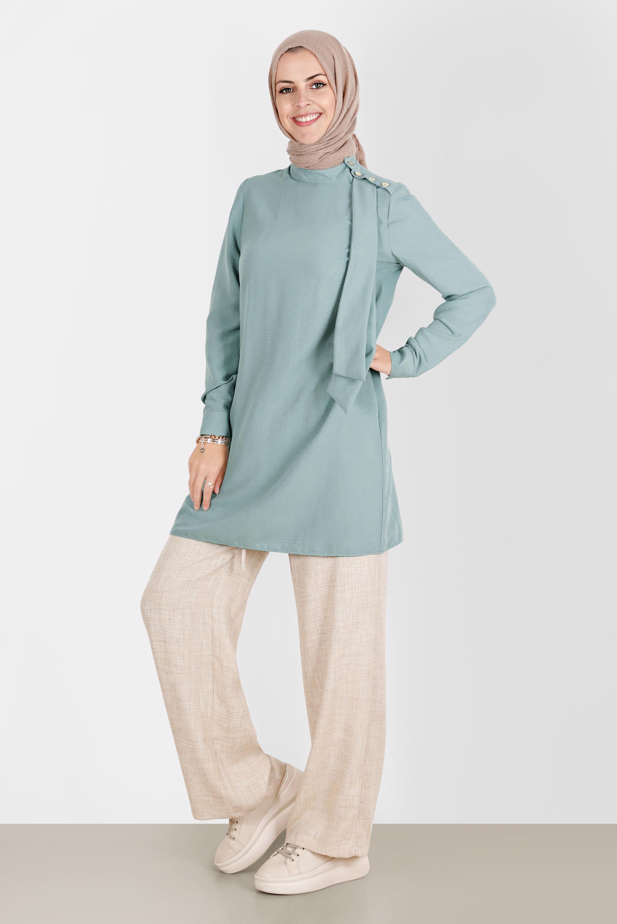 Tesettür giyim MAVİ FULAR DETAYLI DÜĞMELİ TUNİK 42817 