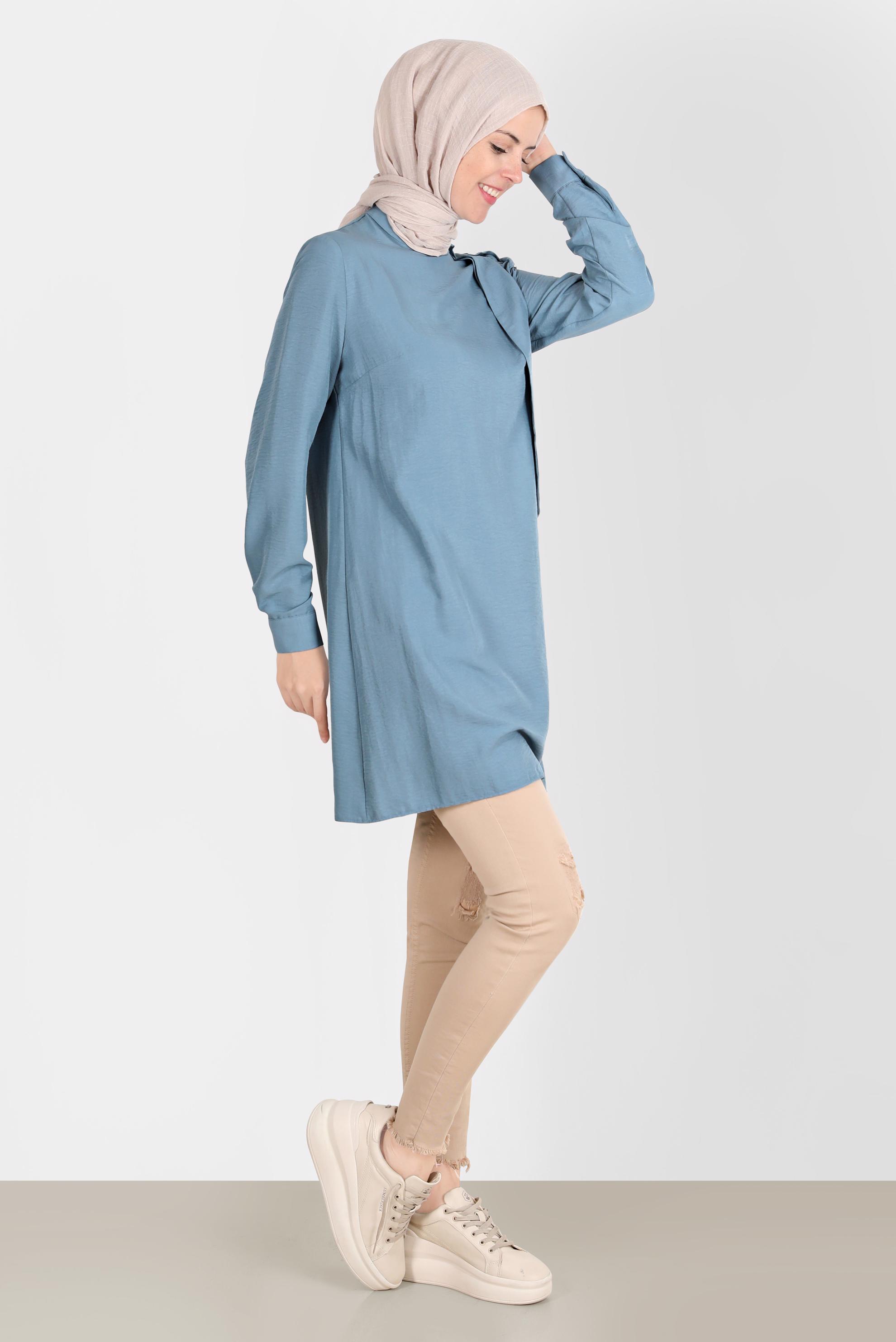 Tesettür giyim MAVİ FULAR DETAYLI DÜĞMELİ TUNİK 42817 