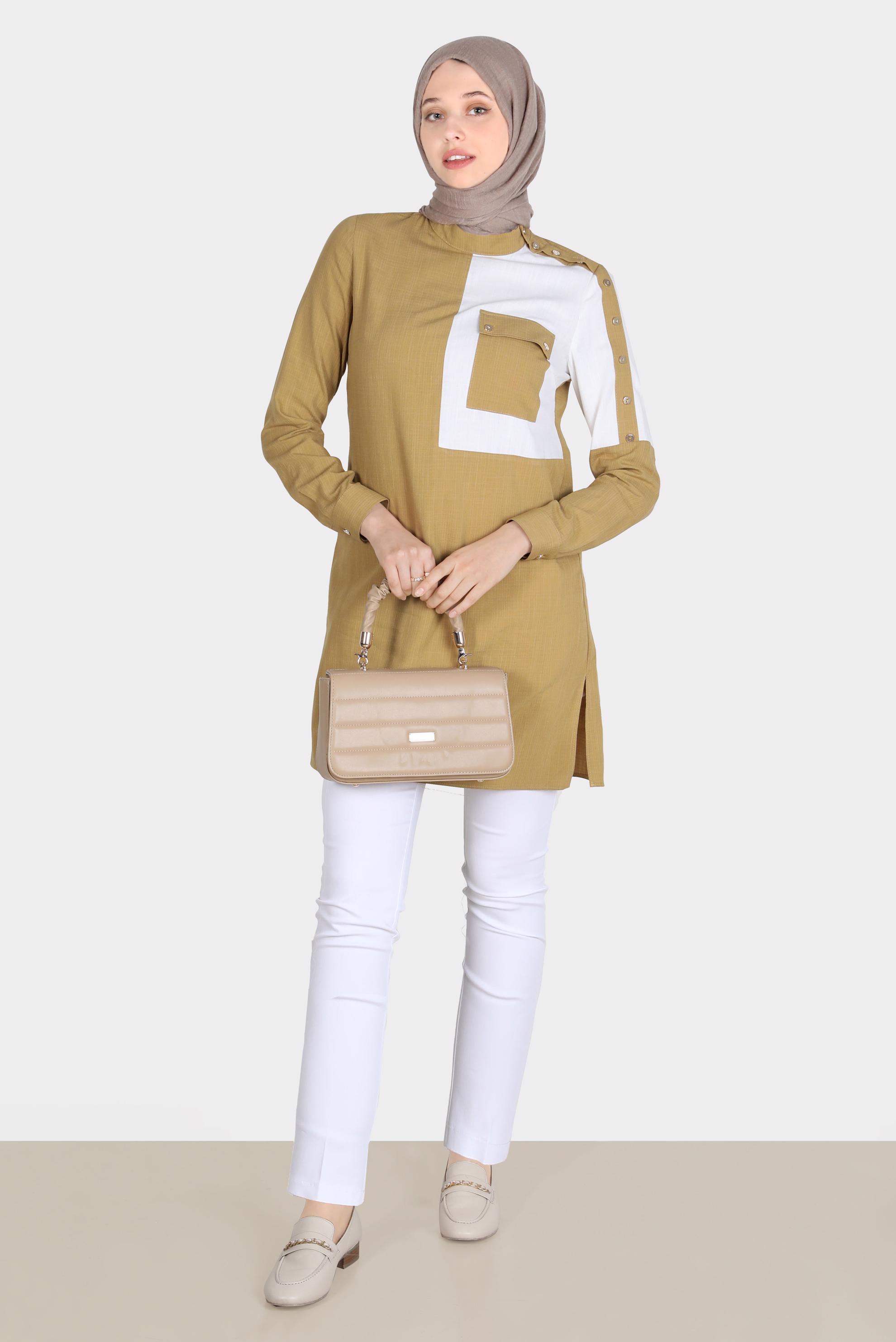 Tesettür giyim SARI DÜĞME DETAYLI İKİ RENKLİ TUNİK 42819 