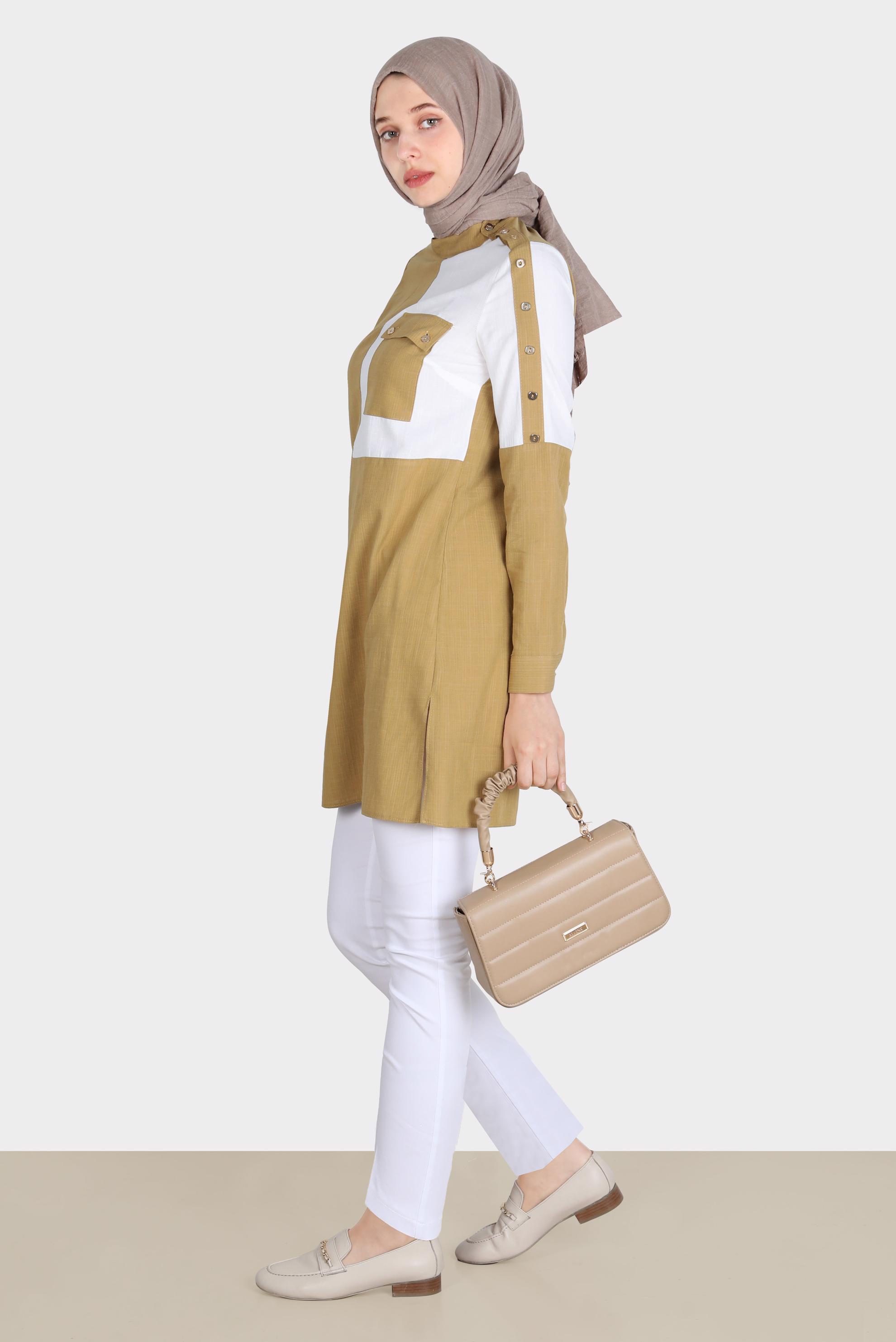 Tesettür giyim SARI DÜĞME DETAYLI İKİ RENKLİ TUNİK 42819 