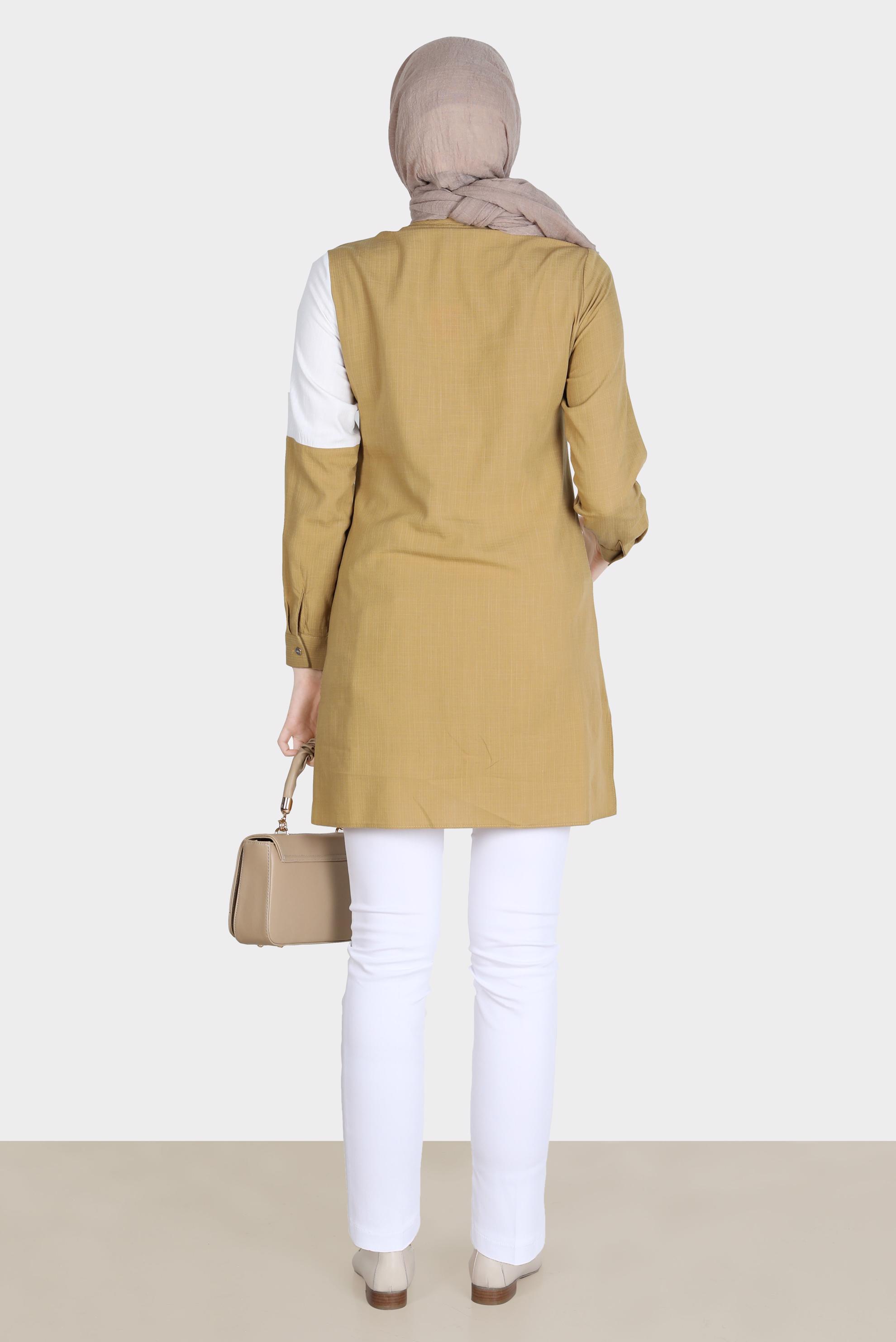 Tesettür giyim SARI DÜĞME DETAYLI İKİ RENKLİ TUNİK 42819 