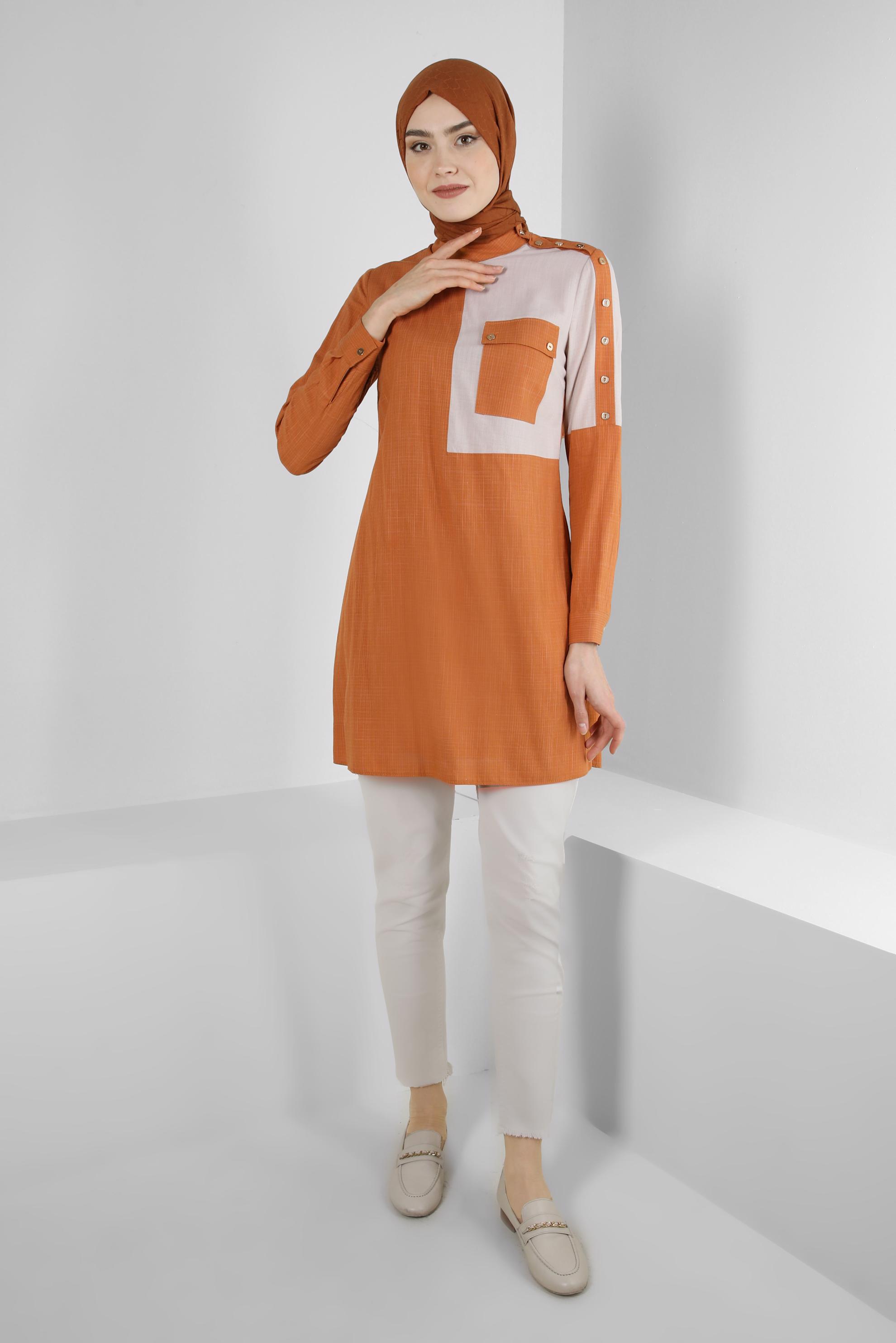 Tesettür giyim TURUNCU DÜĞME DETAYLI İKİ RENKLİ TUNİK 42819 