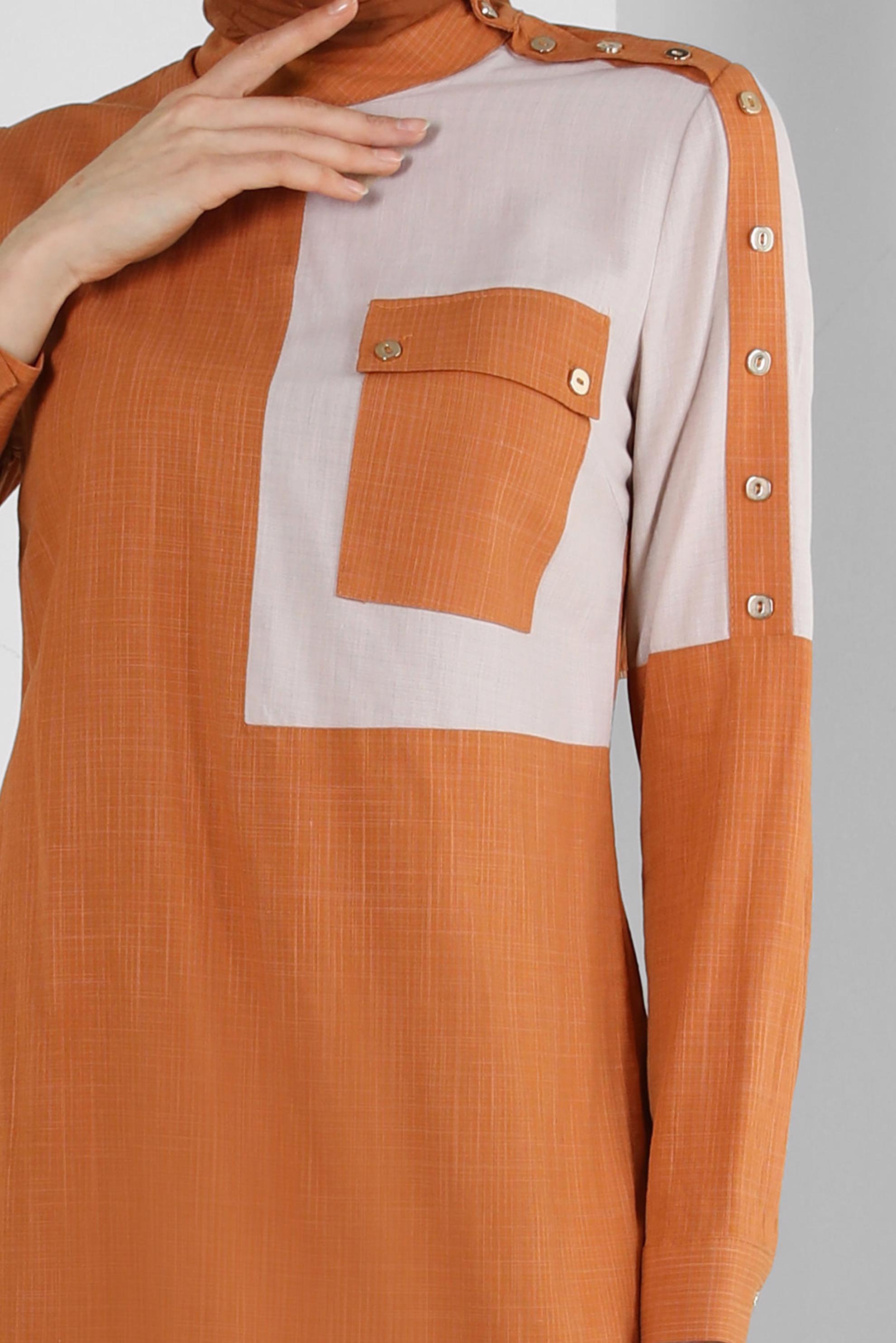 Tesettür giyim TURUNCU DÜĞME DETAYLI İKİ RENKLİ TUNİK 42819 