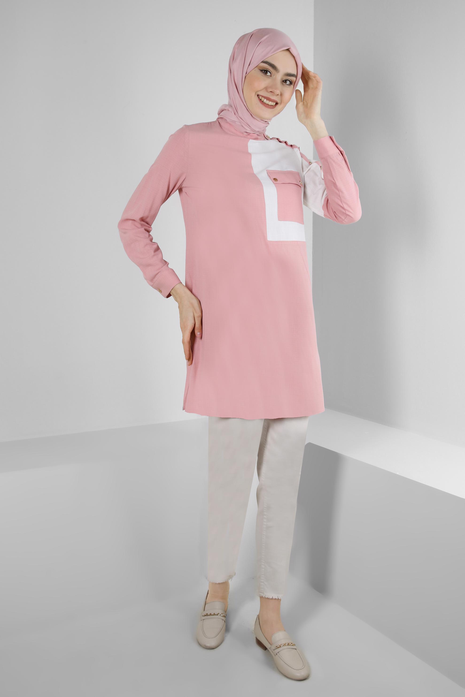 Tesettür giyim PUDRA DÜĞME DETAYLI İKİ RENKLİ TUNİK 42819 