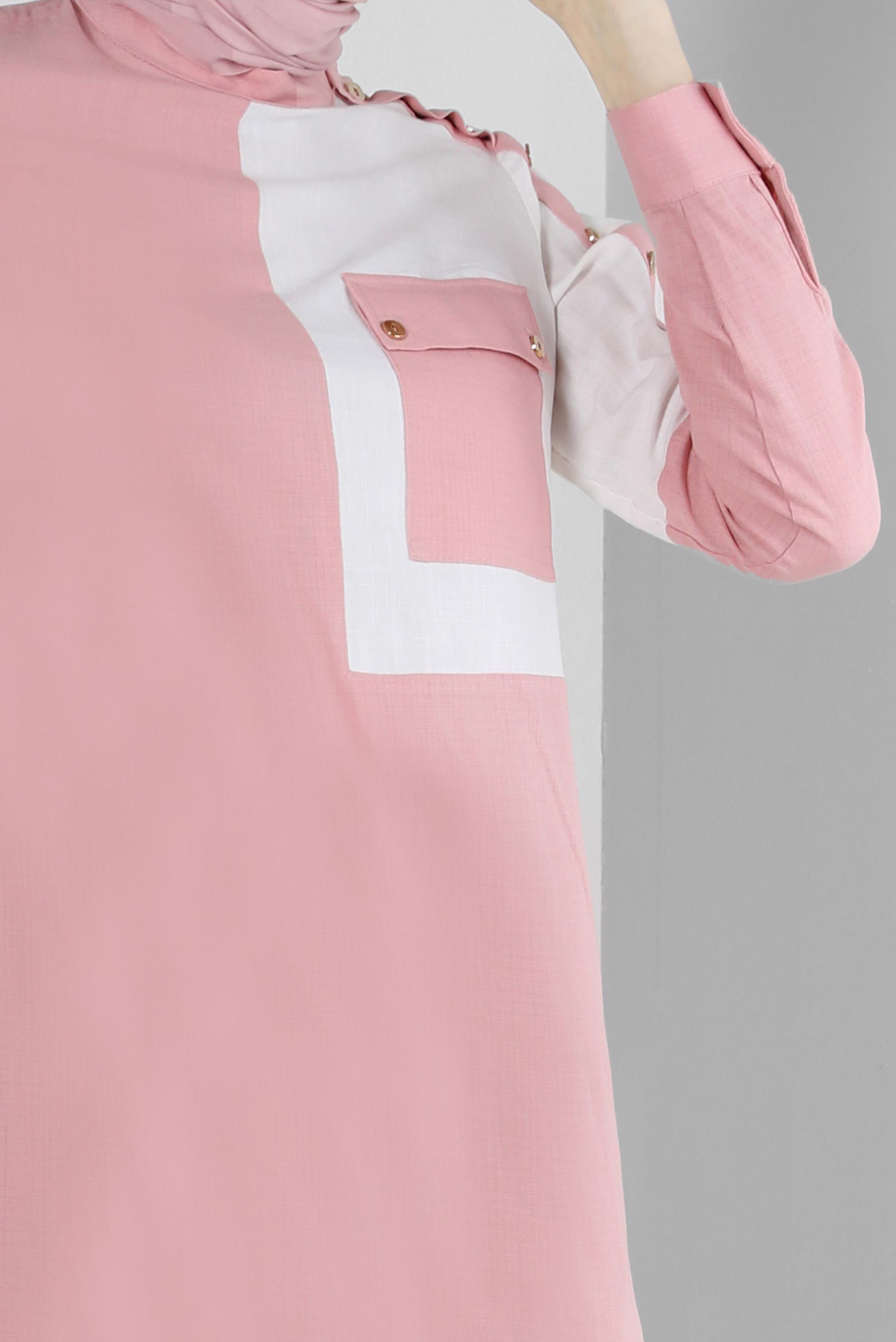 Tesettür giyim PUDRA DÜĞME DETAYLI İKİ RENKLİ TUNİK 42819 