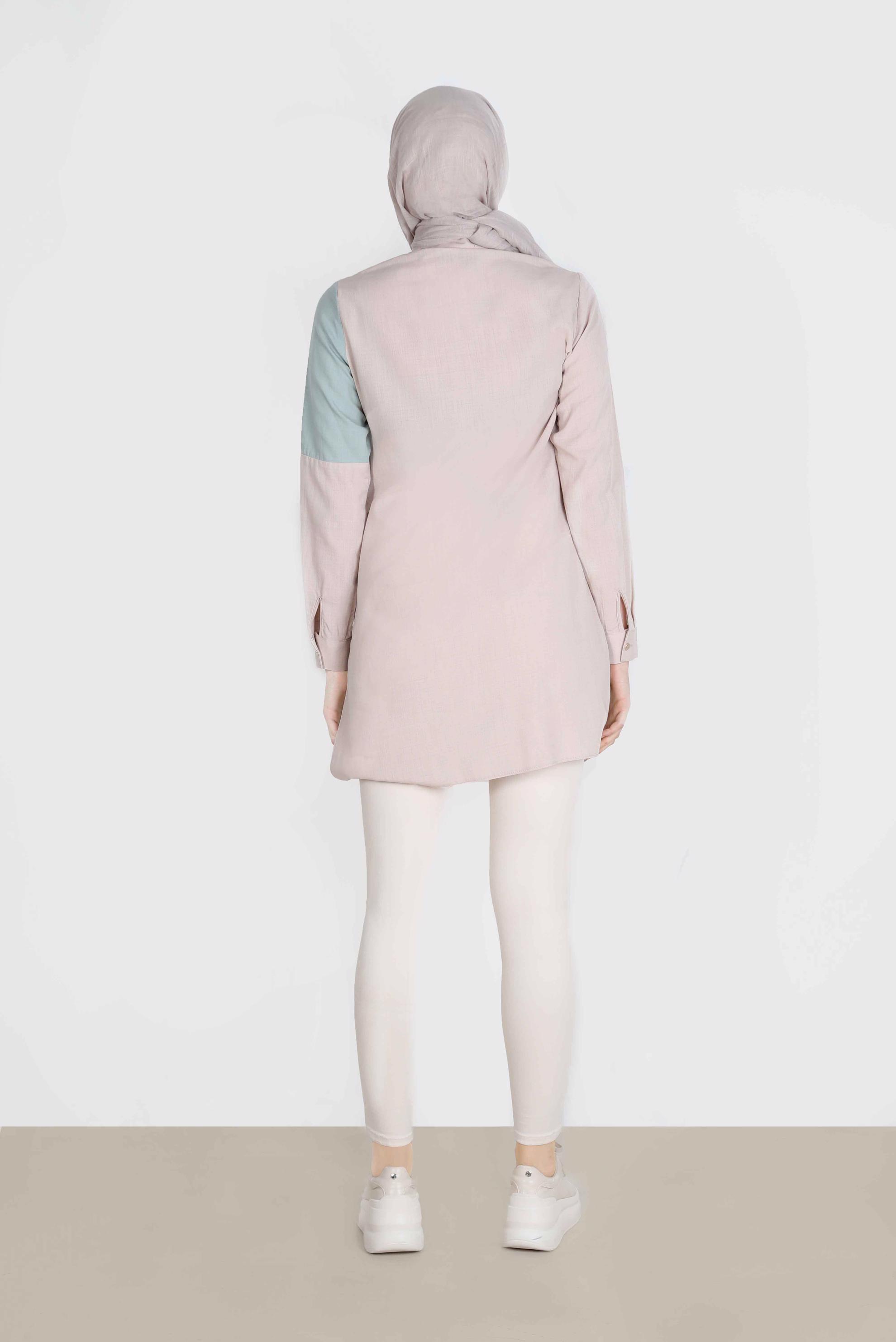 Tesettür giyim BEJ DÜĞME DETAYLI İKİ RENKLİ TUNİK 42819 