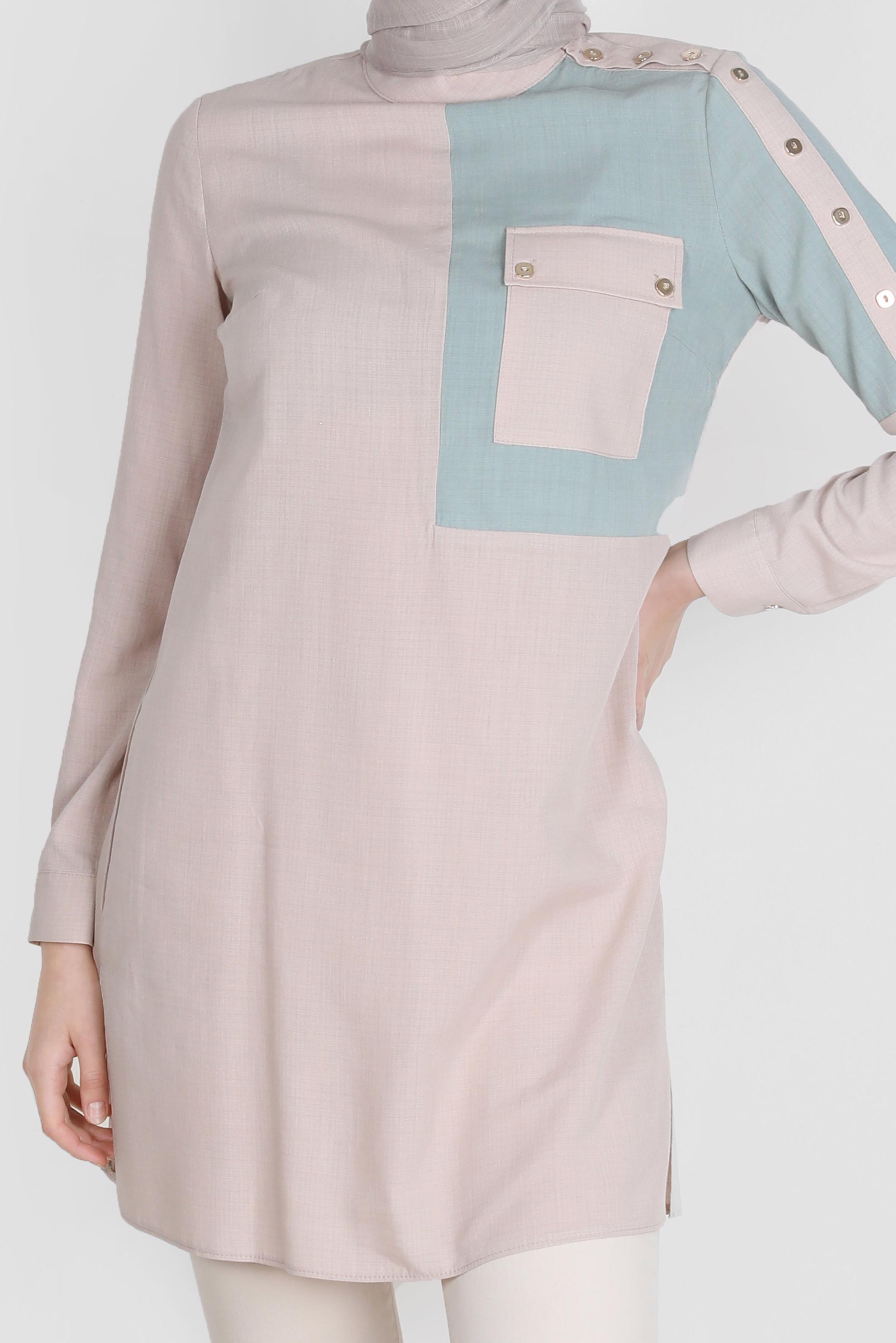 Tesettür giyim BEJ DÜĞME DETAYLI İKİ RENKLİ TUNİK 42819 