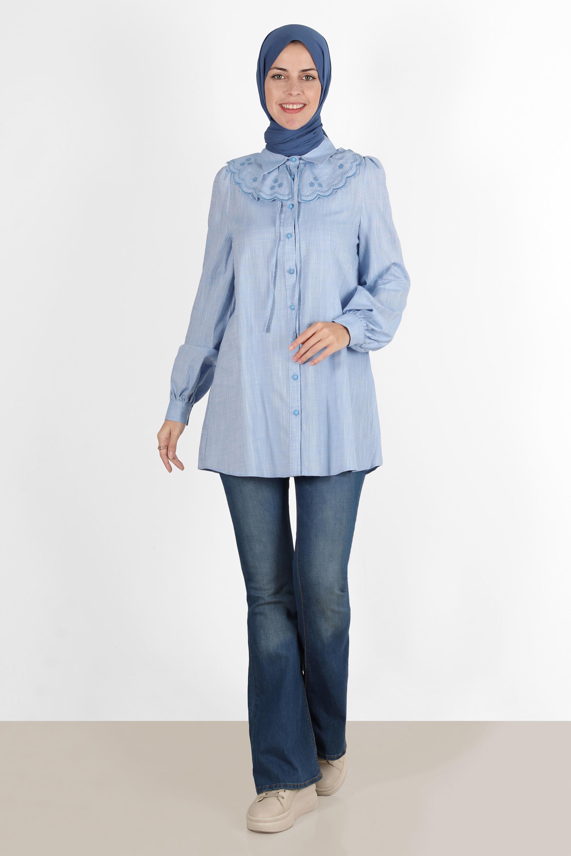 Tesettür giyim MAVİ YAKA DETAYLI DÜĞMELİ PAMUKLU TUNİK 42821 