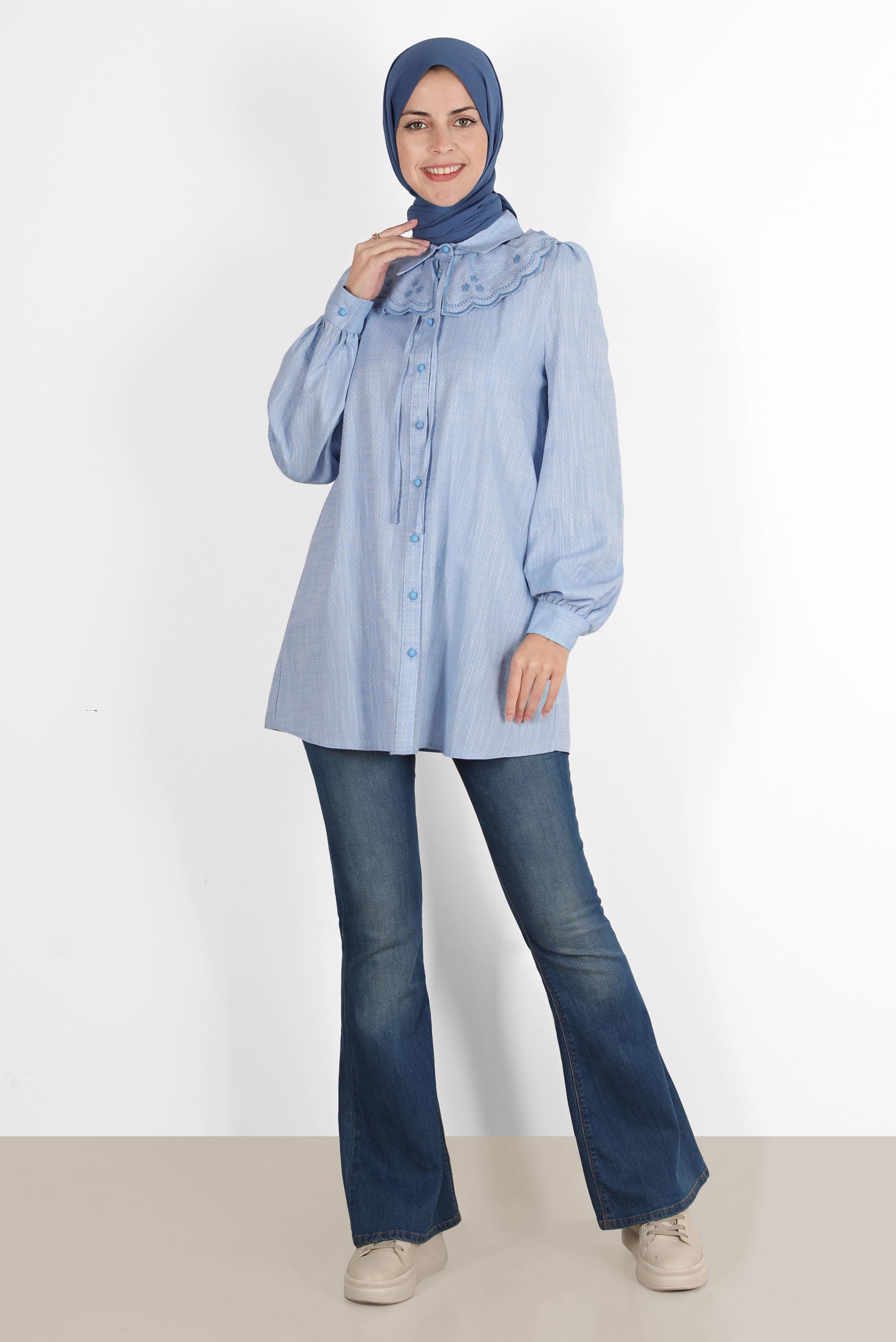 Tesettür giyim MAVİ YAKA DETAYLI DÜĞMELİ PAMUKLU TUNİK 42821 