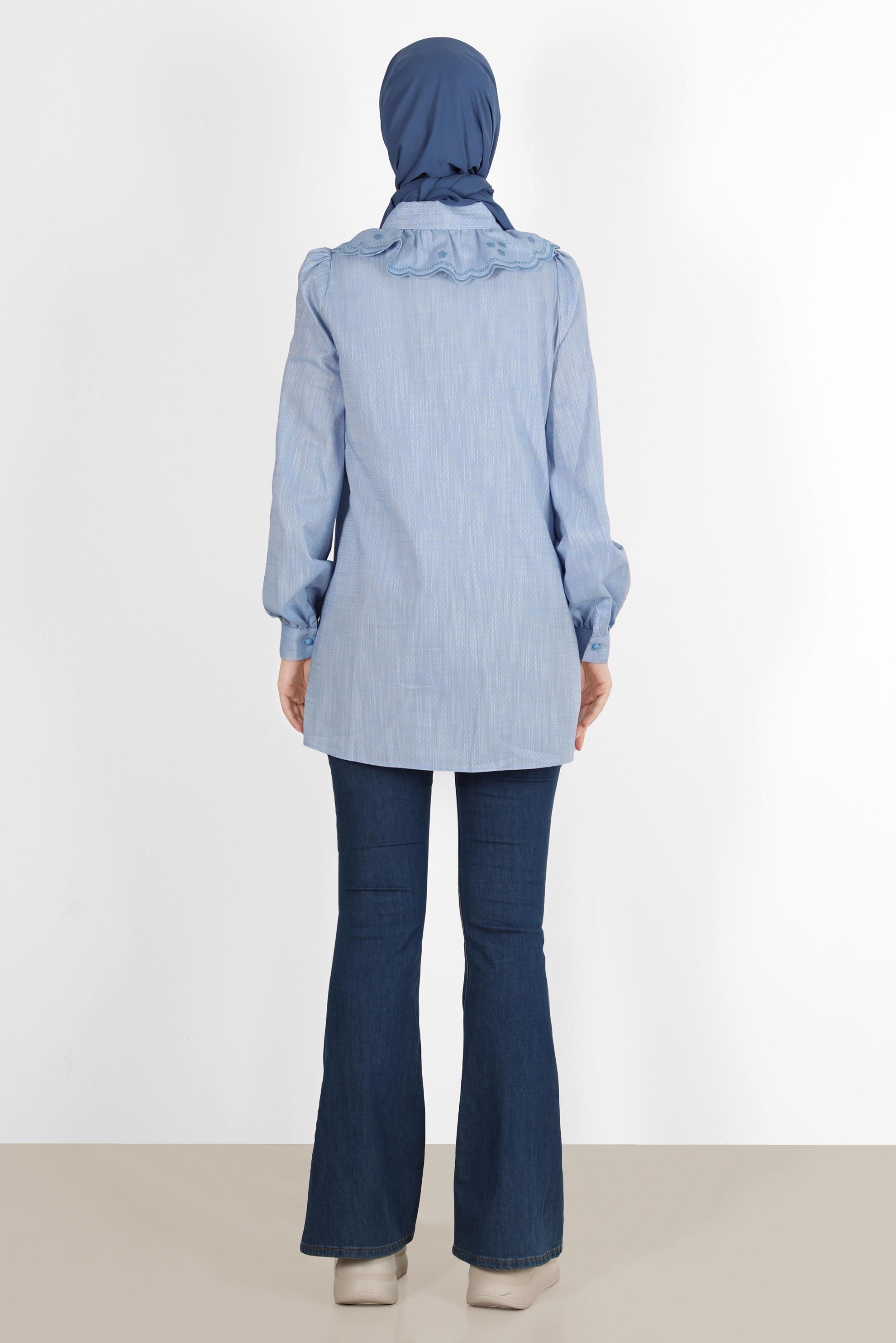 Tesettür giyim MAVİ YAKA DETAYLI DÜĞMELİ PAMUKLU TUNİK 42821 