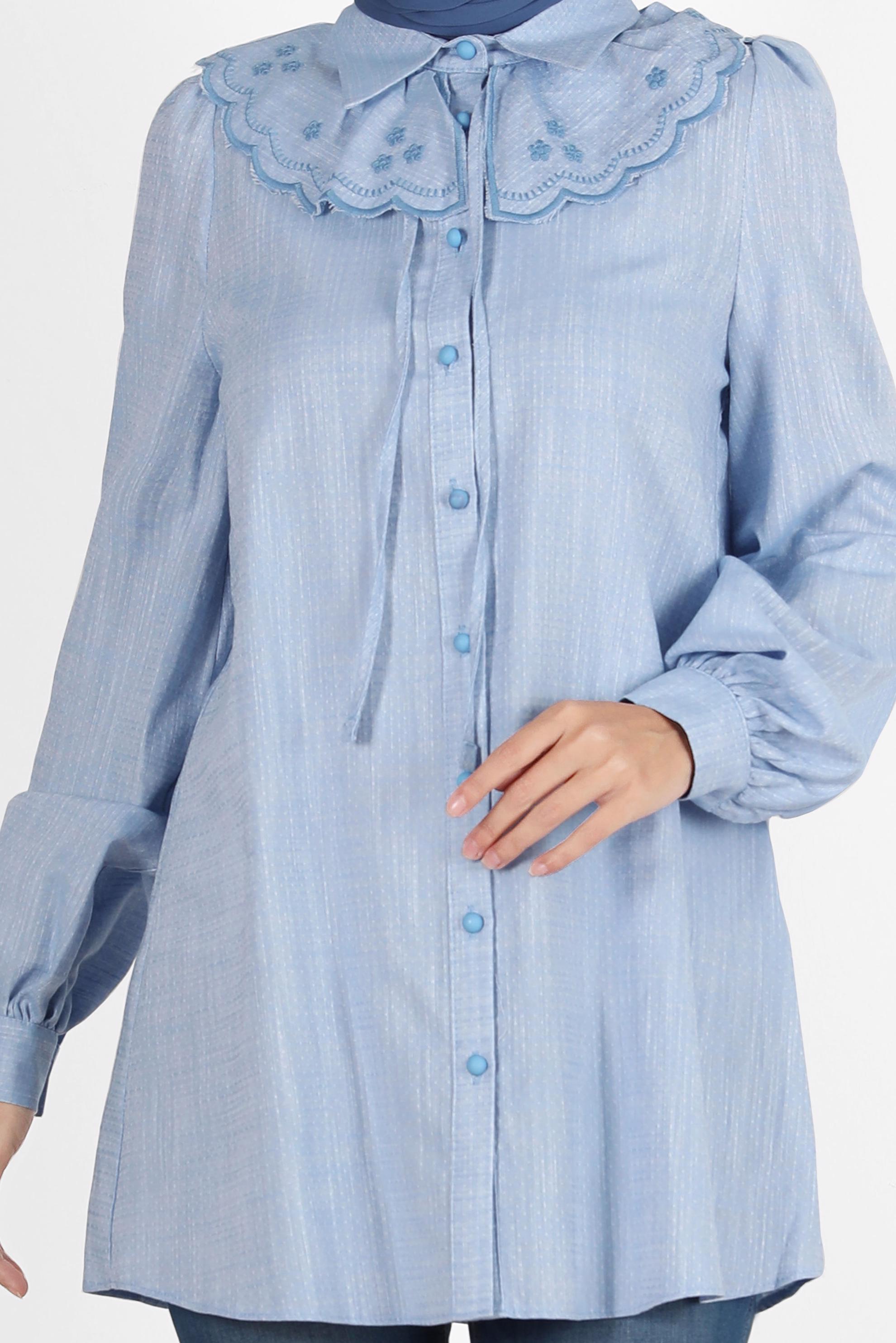 Tesettür giyim MAVİ YAKA DETAYLI DÜĞMELİ PAMUKLU TUNİK 42821 