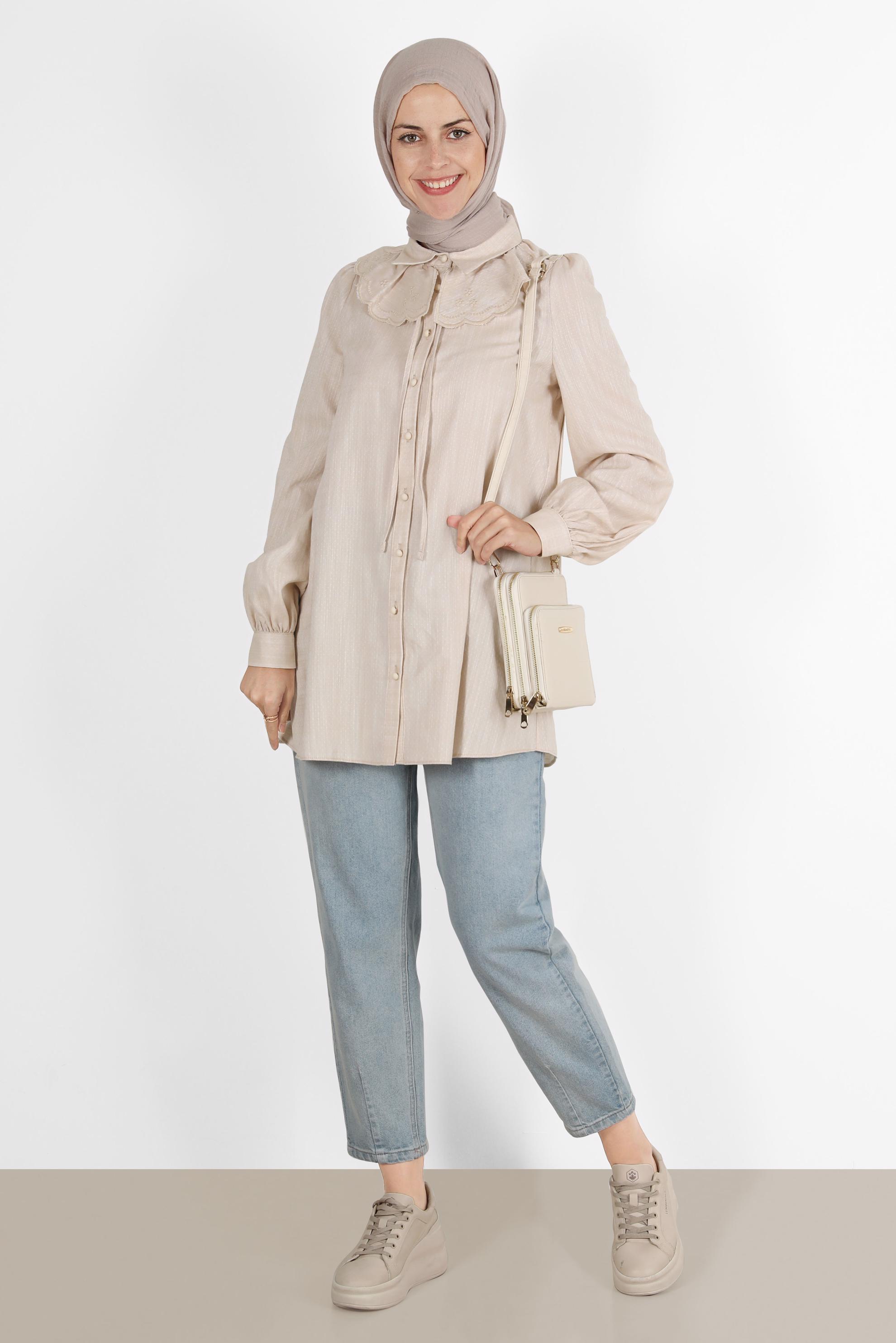 Tesettür giyim BEJ YAKA DETAYLI DÜĞMELİ PAMUKLU TUNİK 42821 