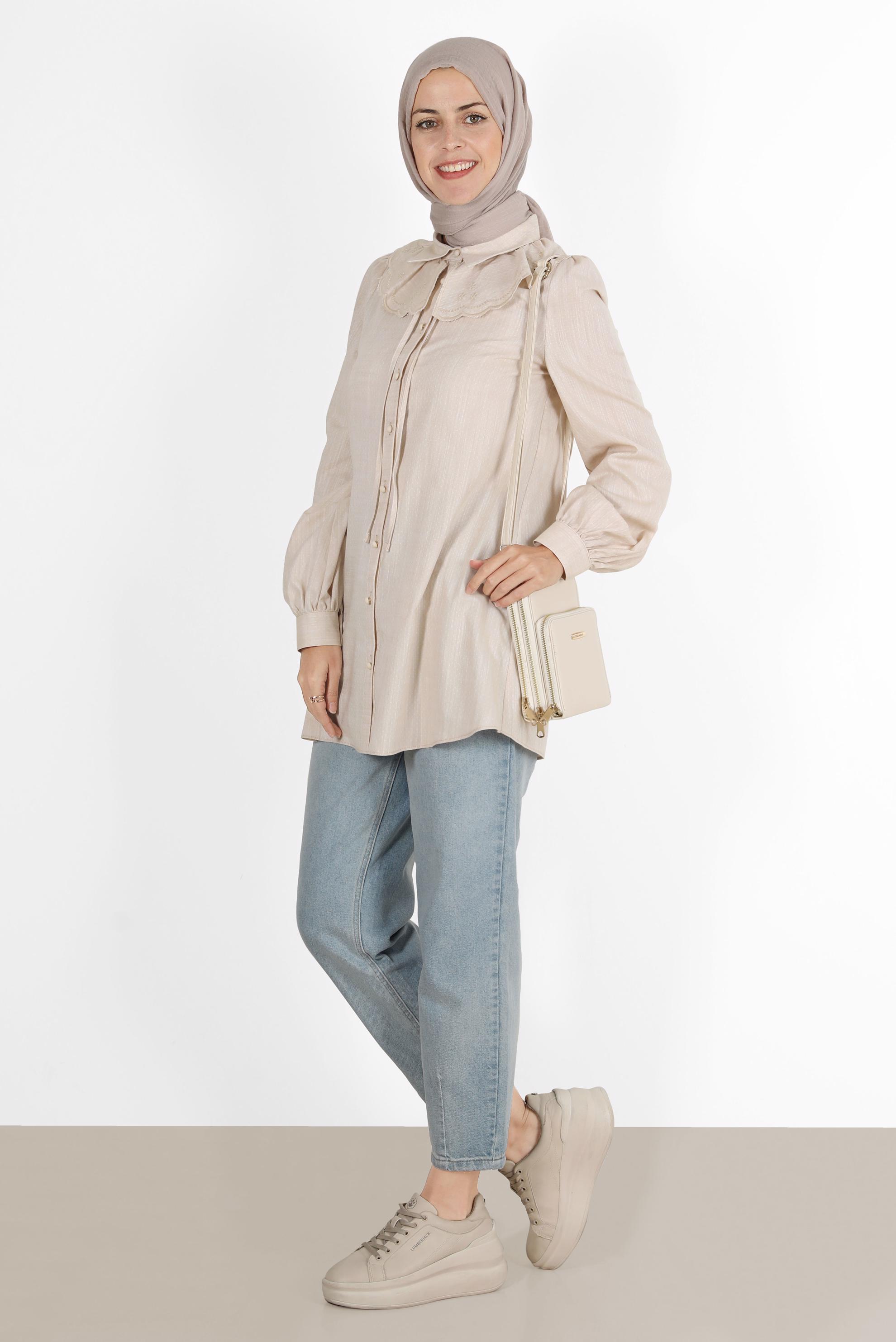 Tesettür giyim BEJ YAKA DETAYLI DÜĞMELİ PAMUKLU TUNİK 42821 