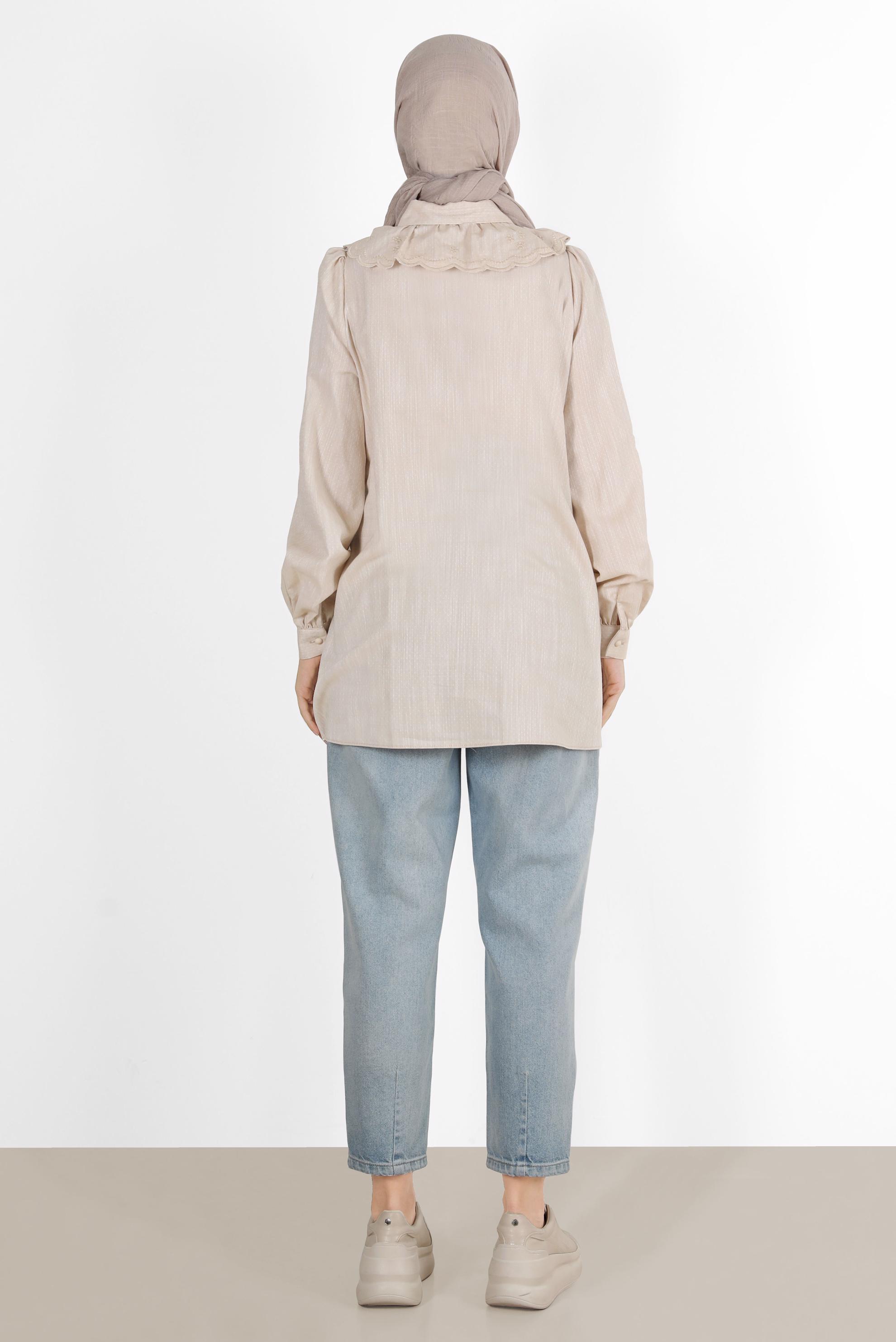 Tesettür giyim BEJ YAKA DETAYLI DÜĞMELİ PAMUKLU TUNİK 42821 