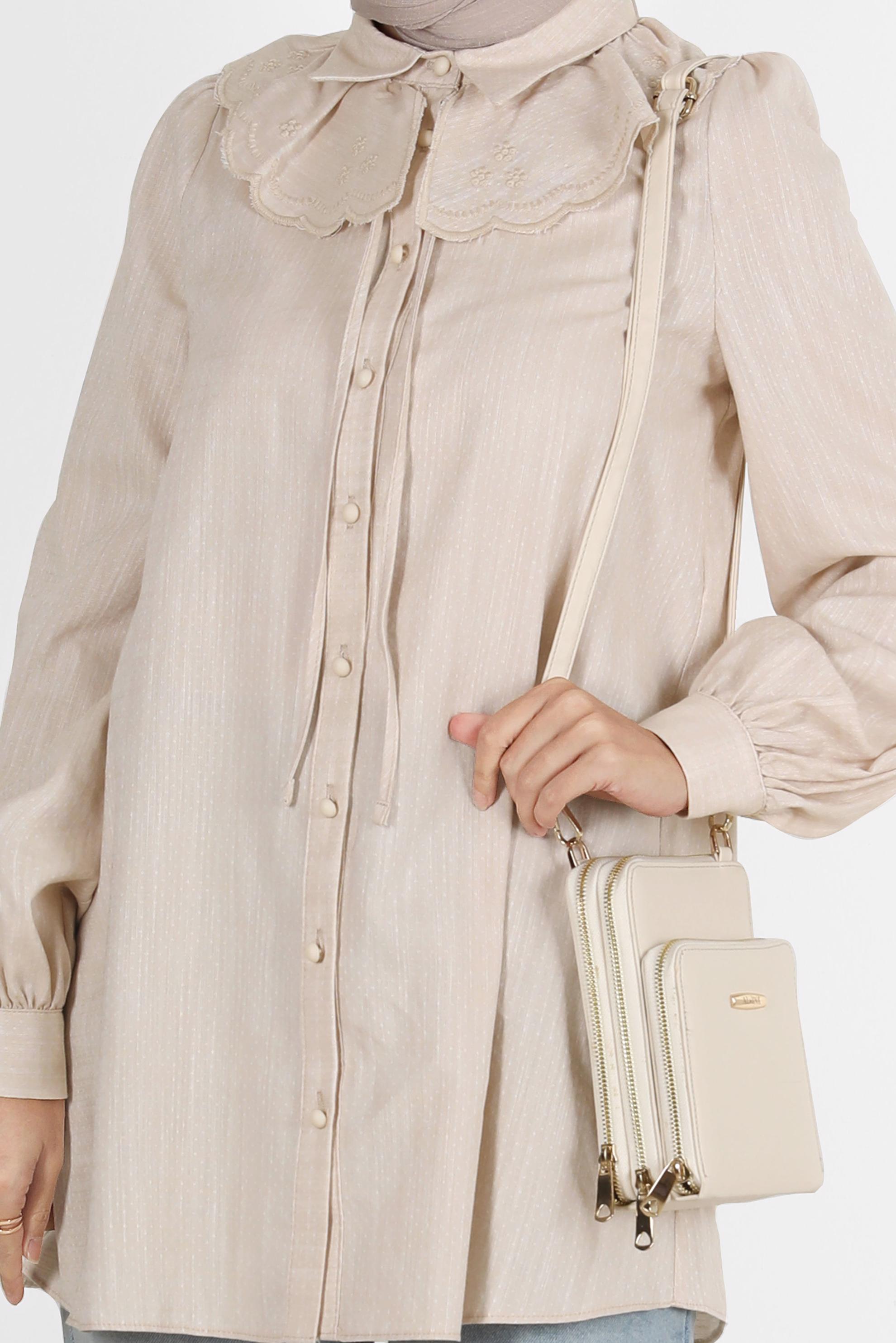 Tesettür giyim BEJ YAKA DETAYLI DÜĞMELİ PAMUKLU TUNİK 42821 