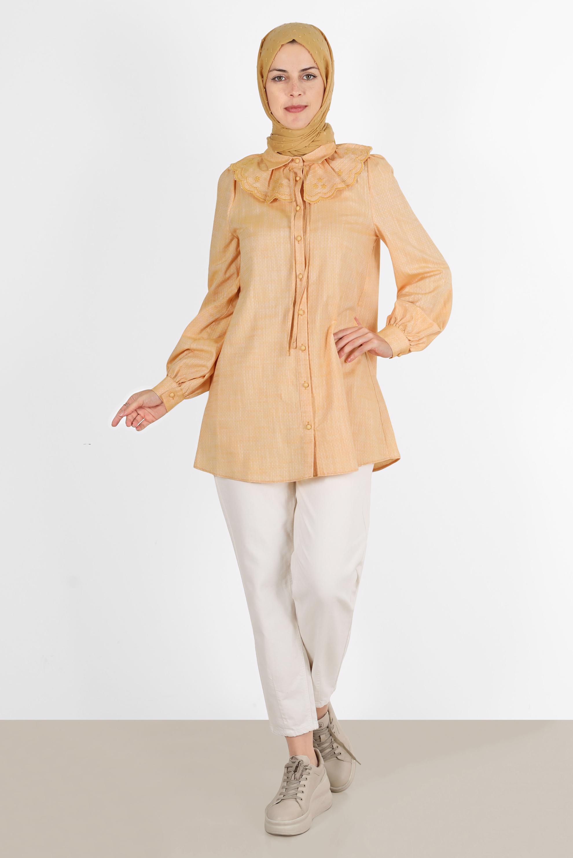 Tesettür giyim SARI YAKA DETAYLI DÜĞMELİ PAMUKLU TUNİK 42821 