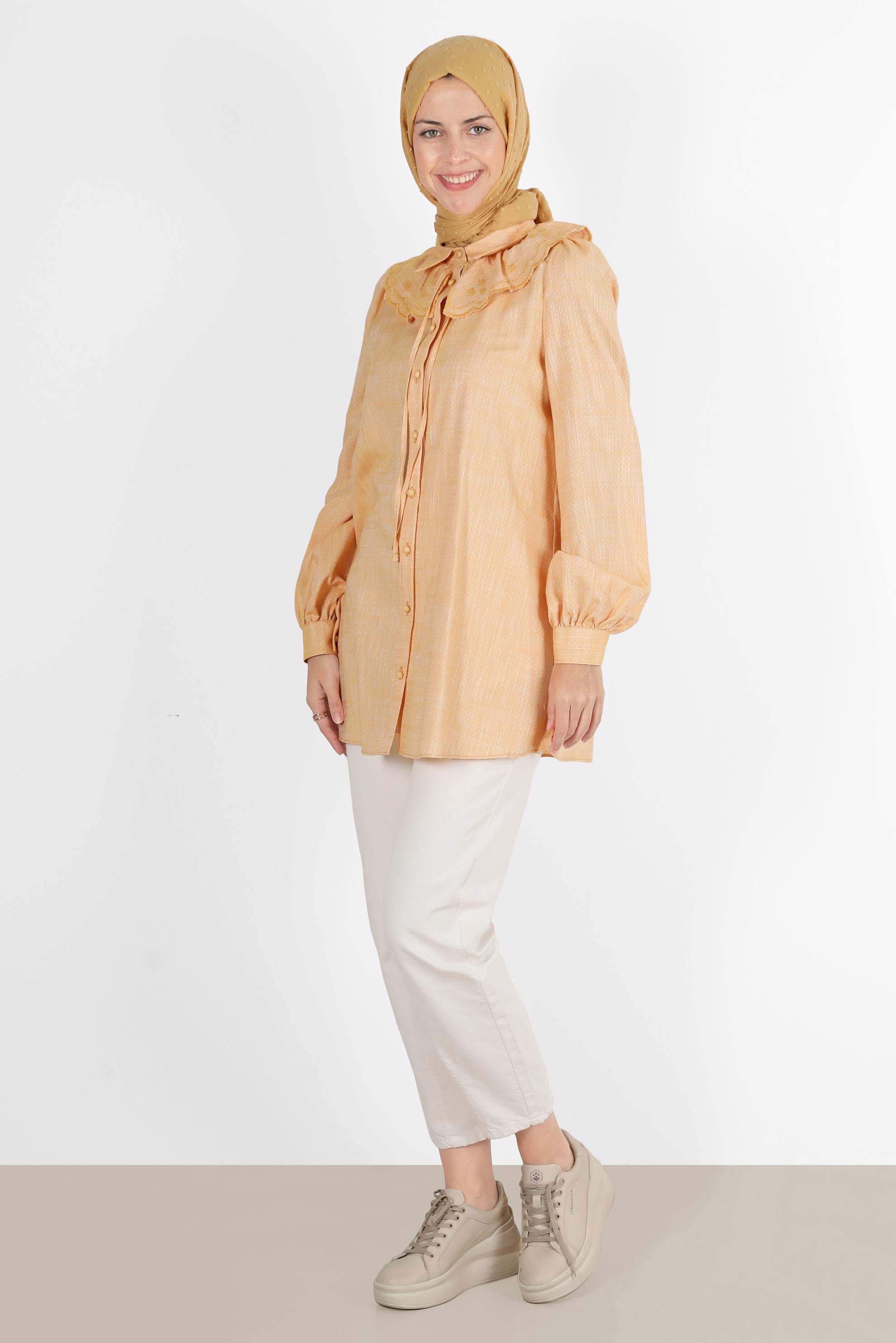 Tesettür giyim SARI YAKA DETAYLI DÜĞMELİ PAMUKLU TUNİK 42821 