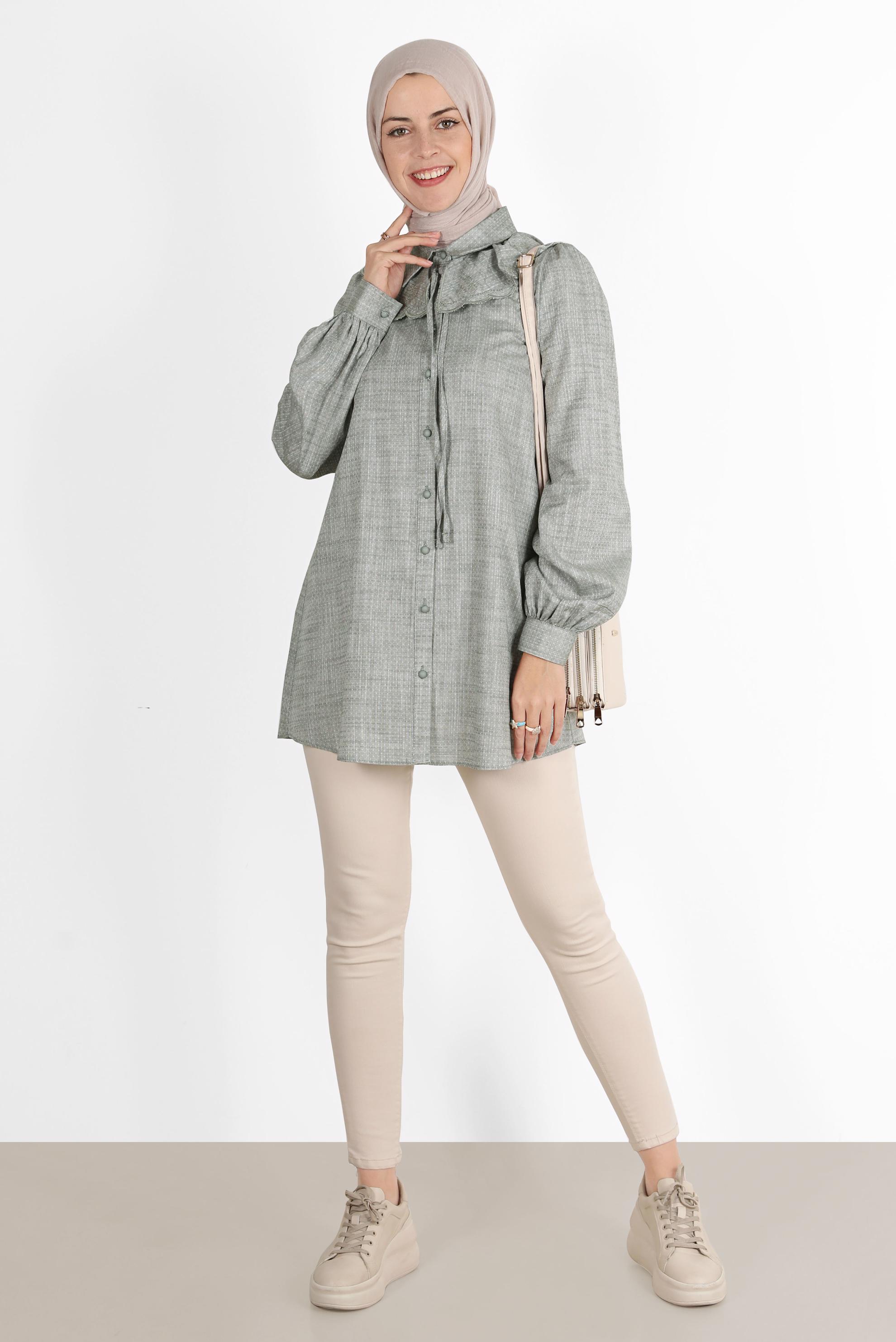 Tesettür giyim HAKİ YAKA DETAYLI DÜĞMELİ PAMUKLU TUNİK 42821 