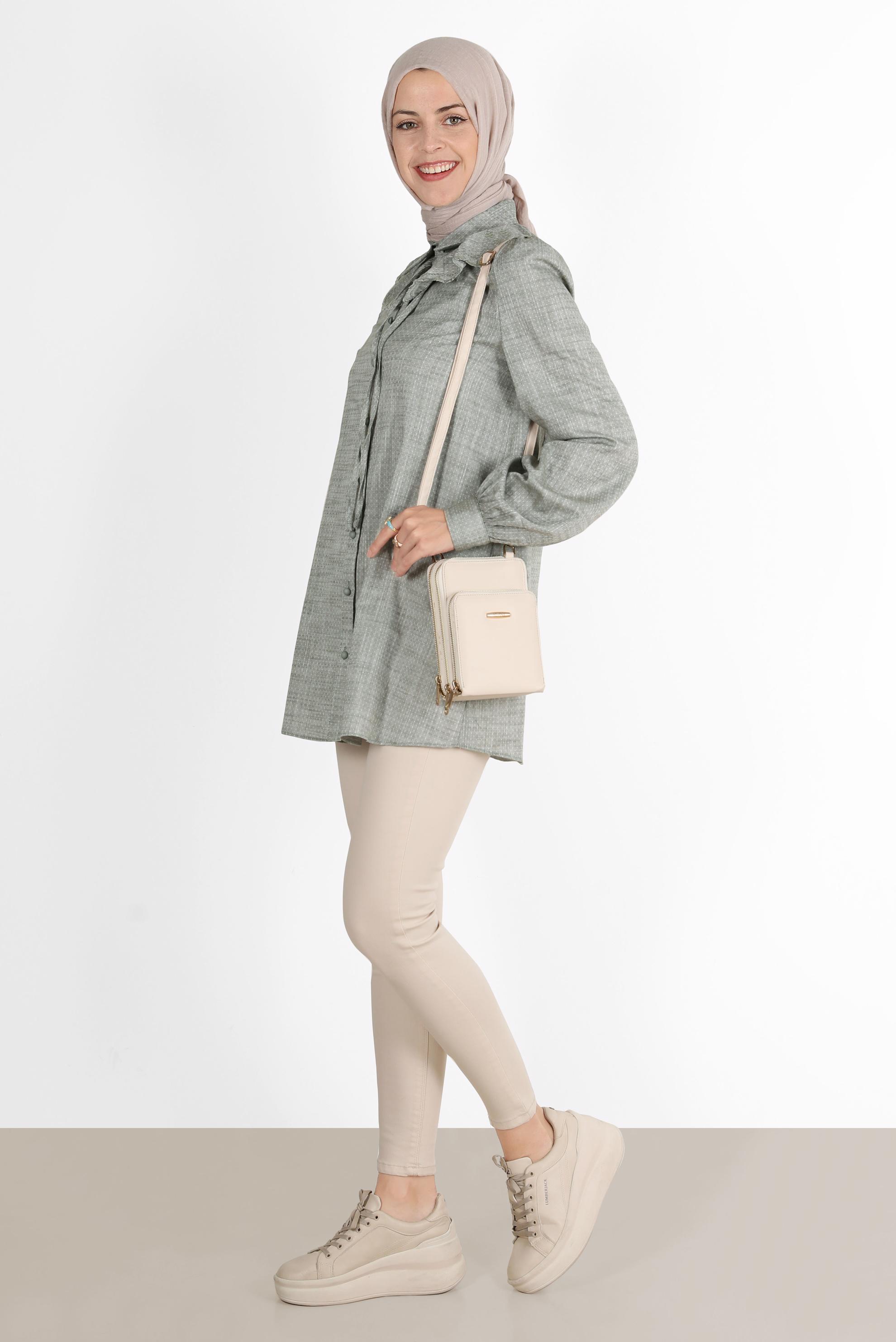 Tesettür giyim HAKİ YAKA DETAYLI DÜĞMELİ PAMUKLU TUNİK 42821 