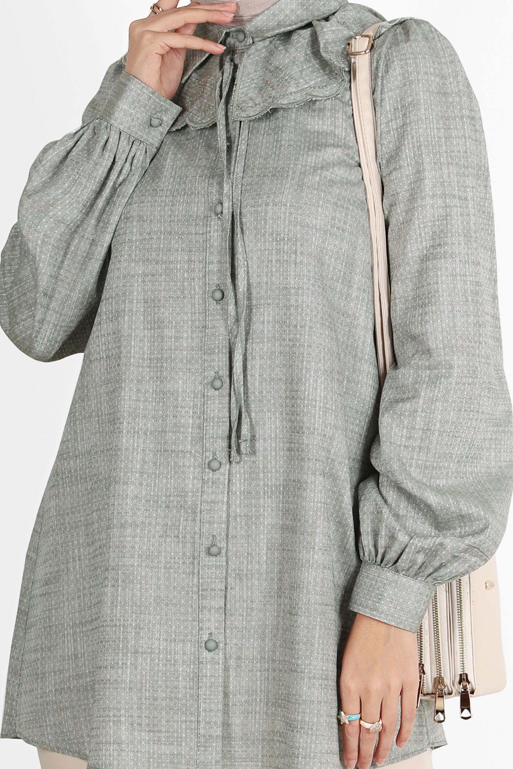 Tesettür giyim HAKİ YAKA DETAYLI DÜĞMELİ PAMUKLU TUNİK 42821 