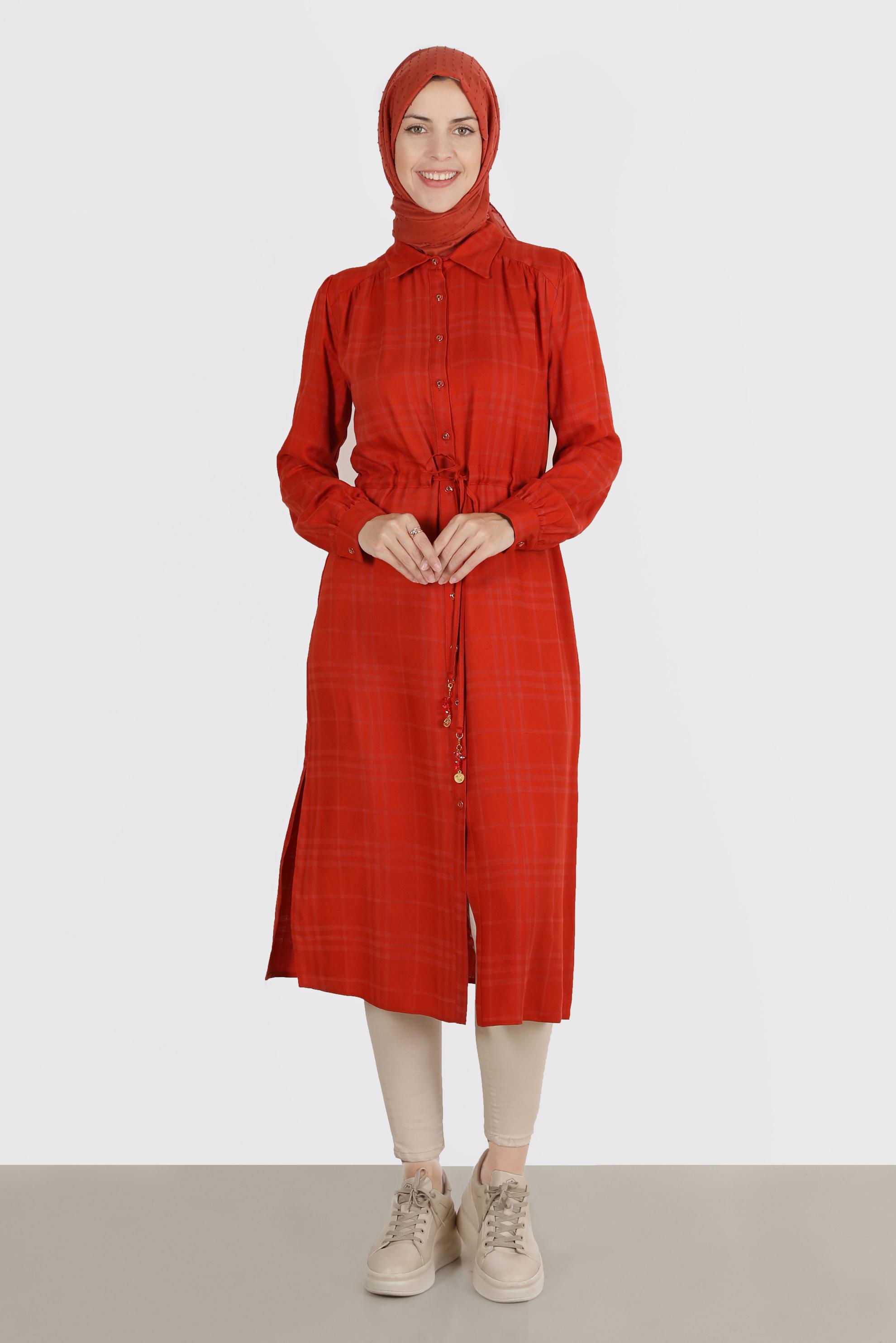 Tesettür giyim TURUNCU BELİ BÜZGÜLÜ EKOSE TUNİK 42823 