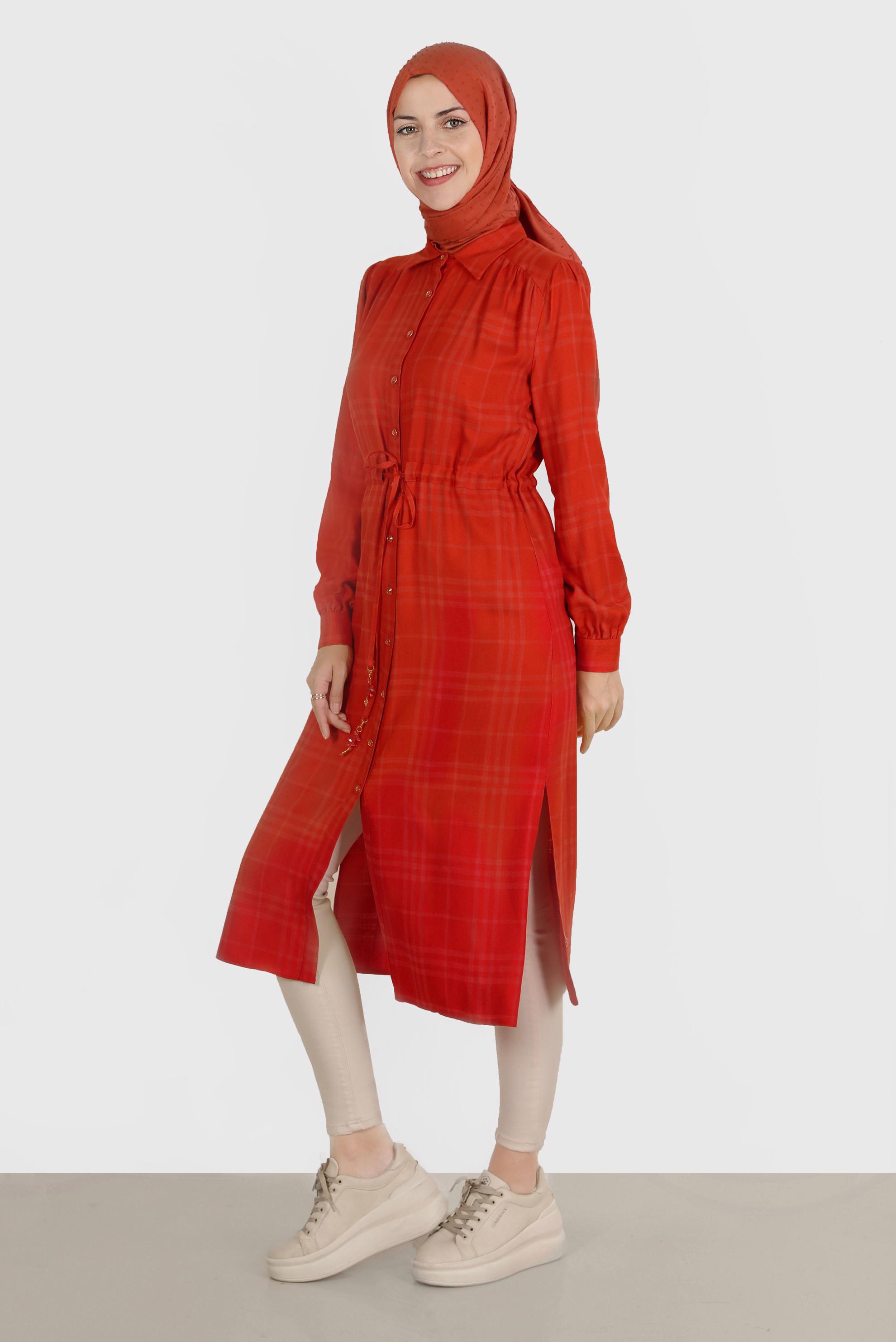 Tesettür giyim TURUNCU BELİ BÜZGÜLÜ EKOSE TUNİK 42823 