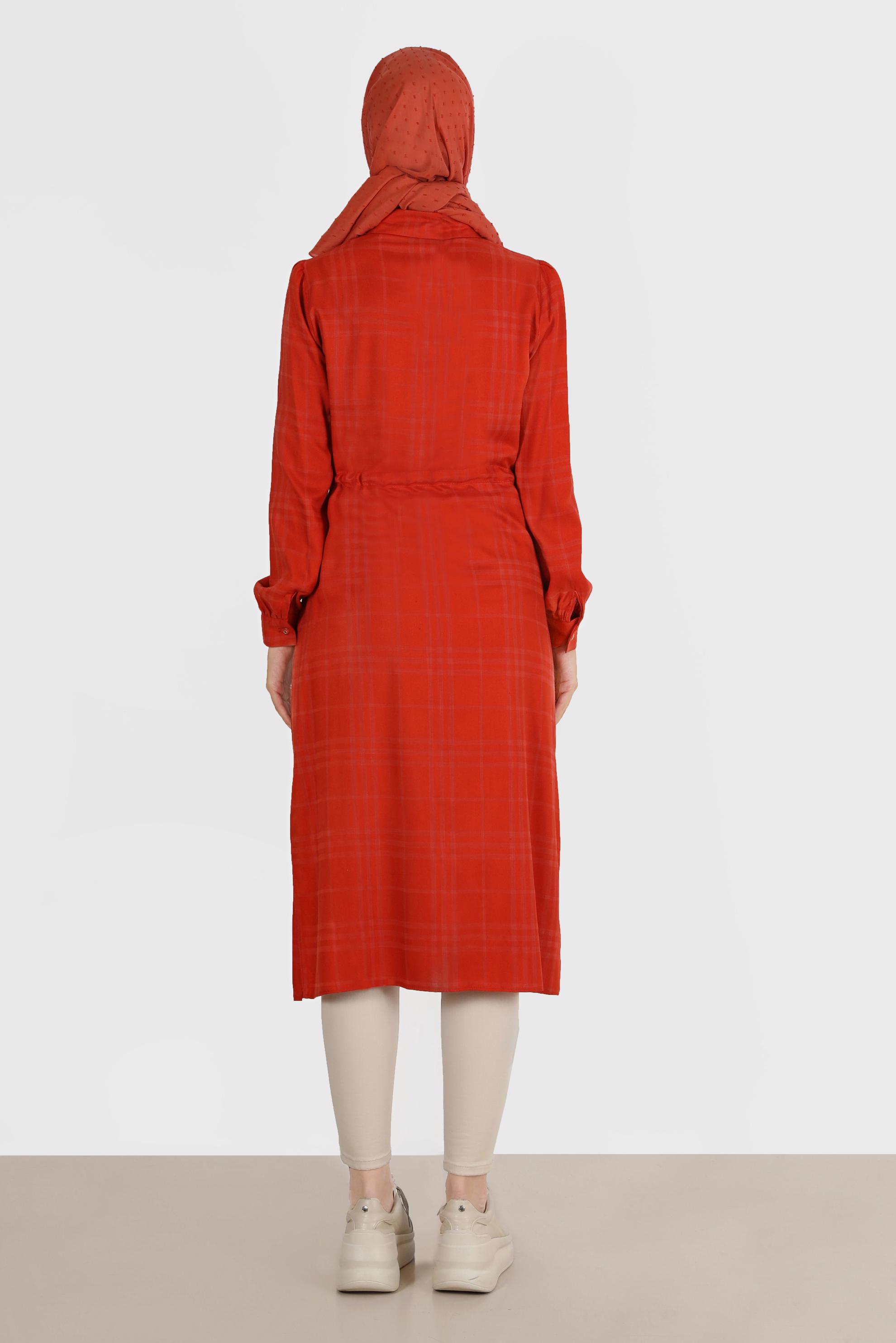 Tesettür giyim TURUNCU BELİ BÜZGÜLÜ EKOSE TUNİK 42823 