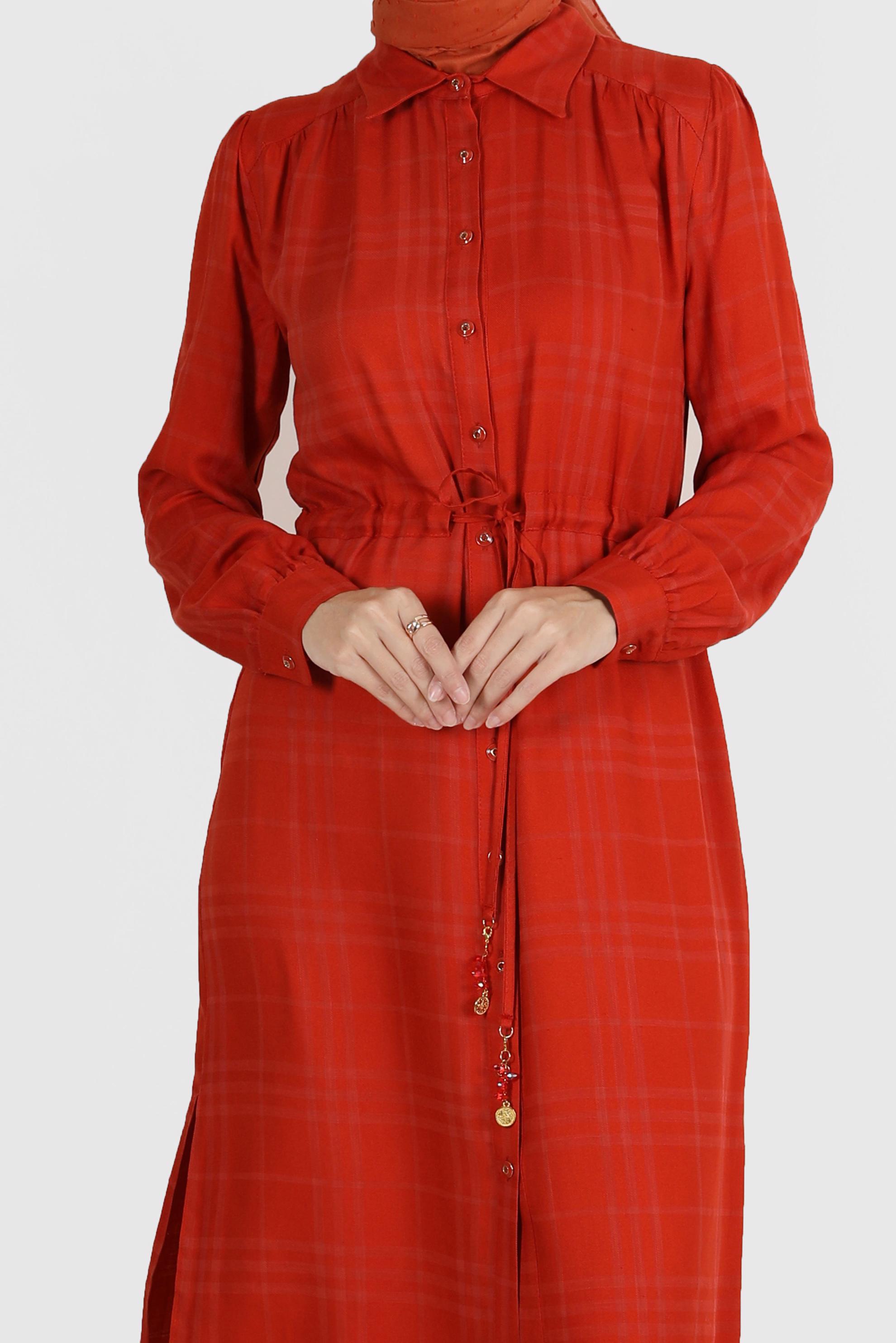 Tesettür giyim TURUNCU BELİ BÜZGÜLÜ EKOSE TUNİK 42823 