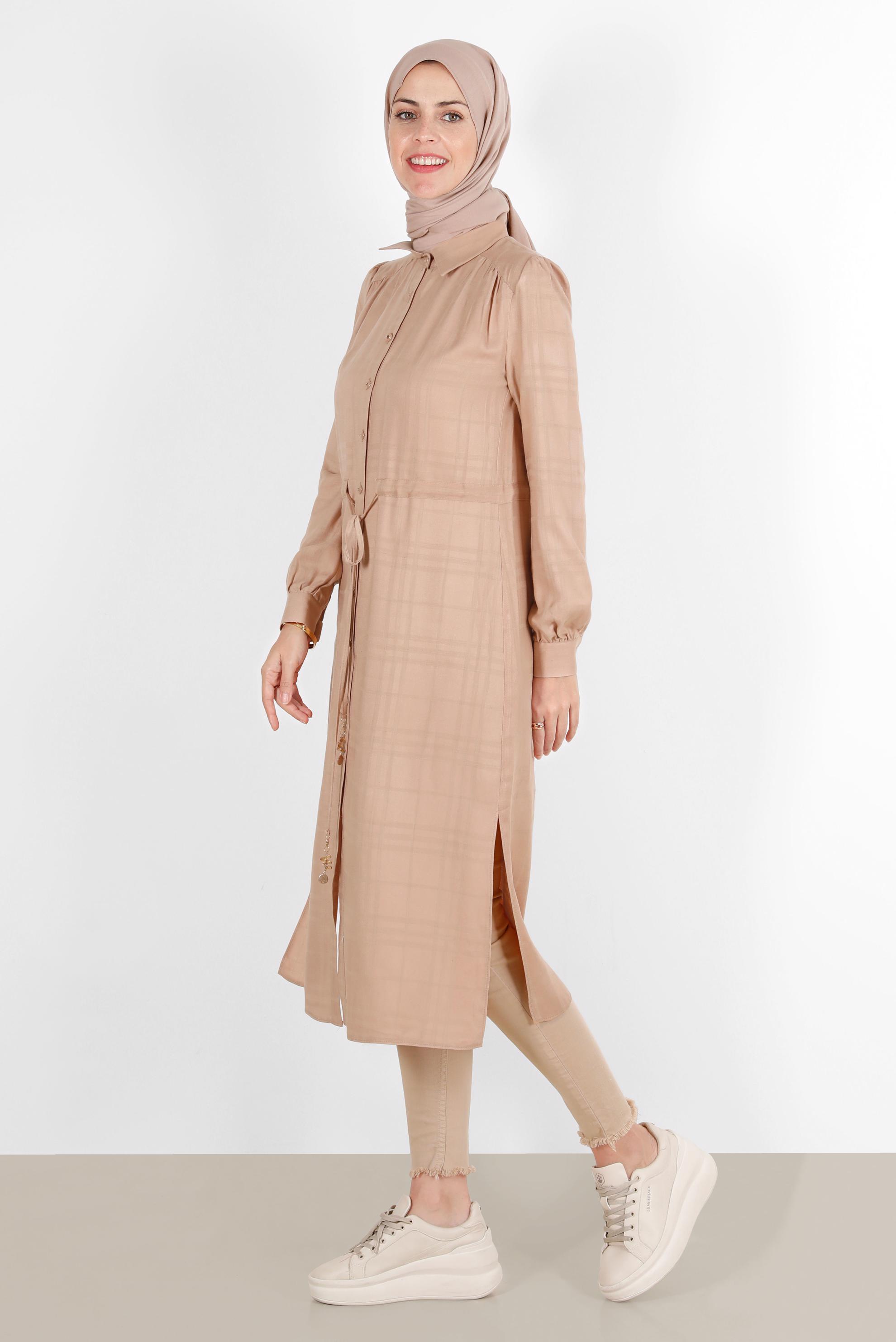 Tesettür giyim KAHVE BELİ BÜZGÜLÜ EKOSE TUNİK 42823 