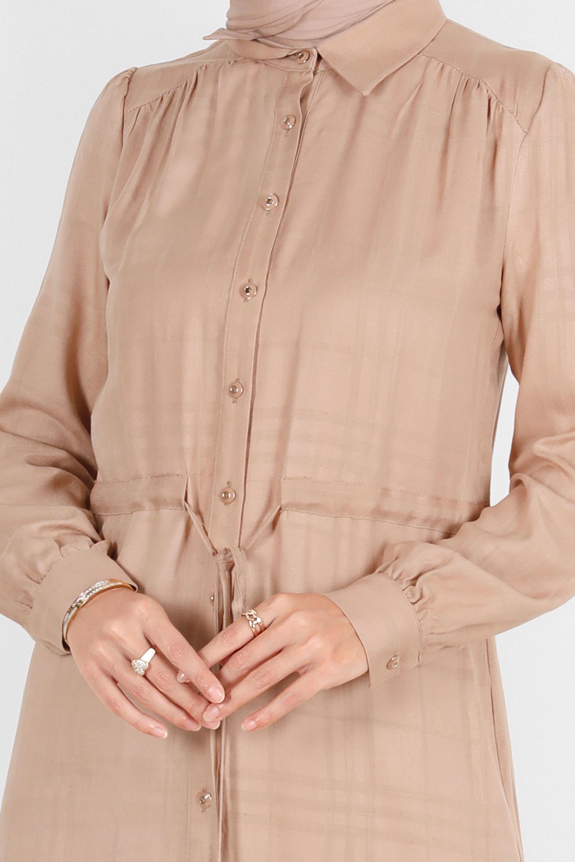 Tesettür giyim KAHVE BELİ BÜZGÜLÜ EKOSE TUNİK 42823 