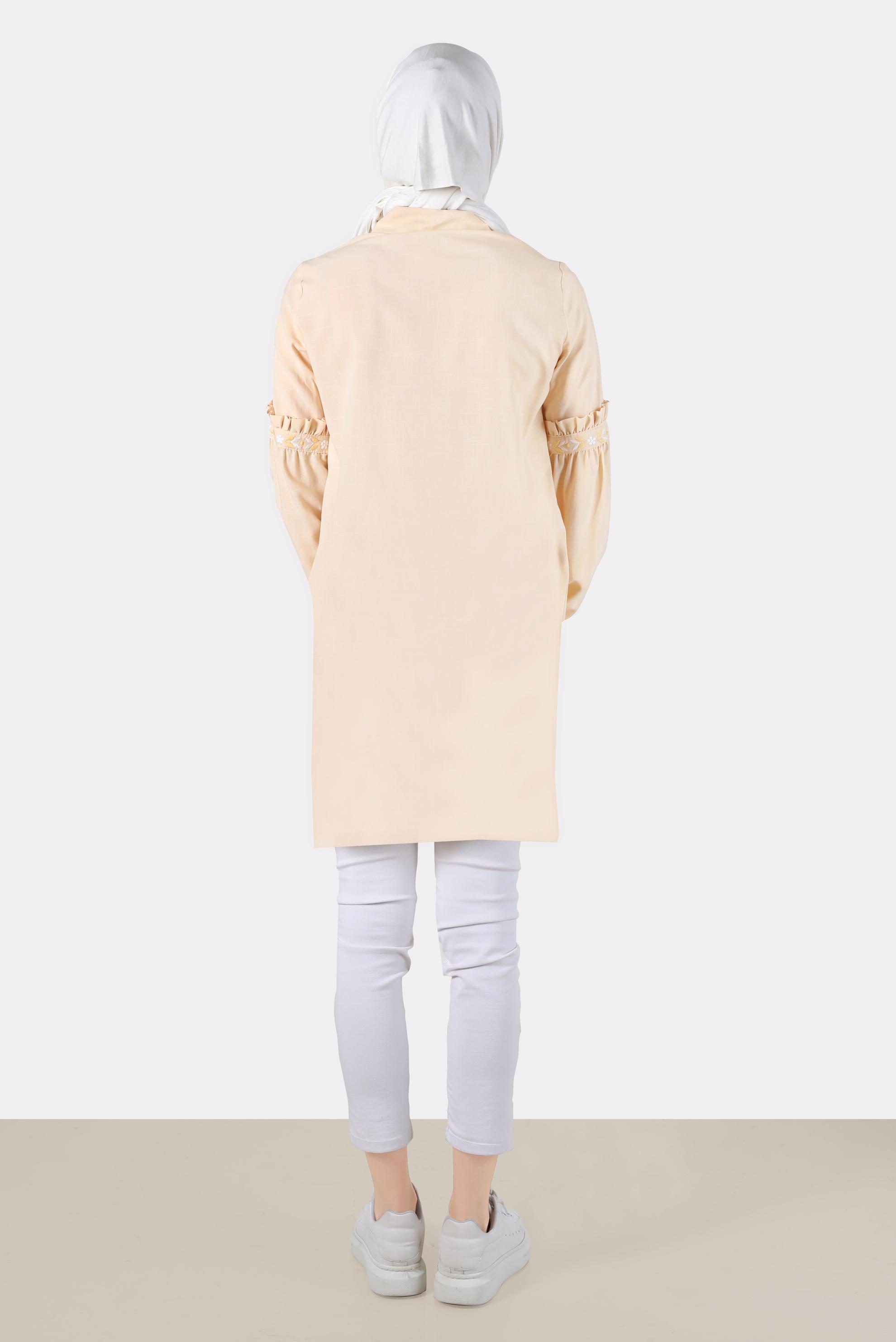 Tesettür giyim BEJ NAKIŞ DETAYLI GİZLİ DÜĞMELİ PAMUKLU TUNİK 42824 