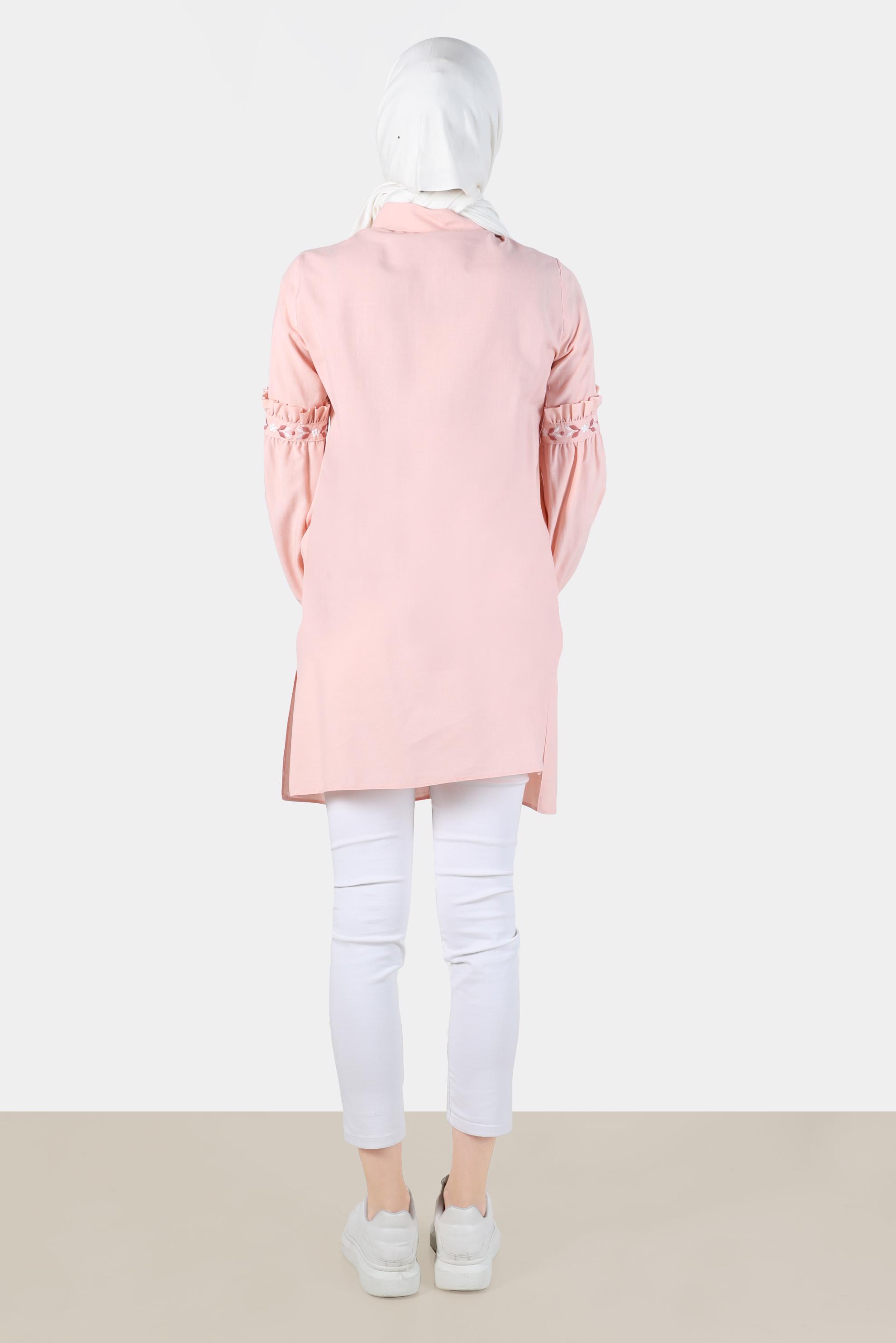 Tesettür giyim PUDRA NAKIŞ DETAYLI GİZLİ DÜĞMELİ PAMUKLU TUNİK 42824 