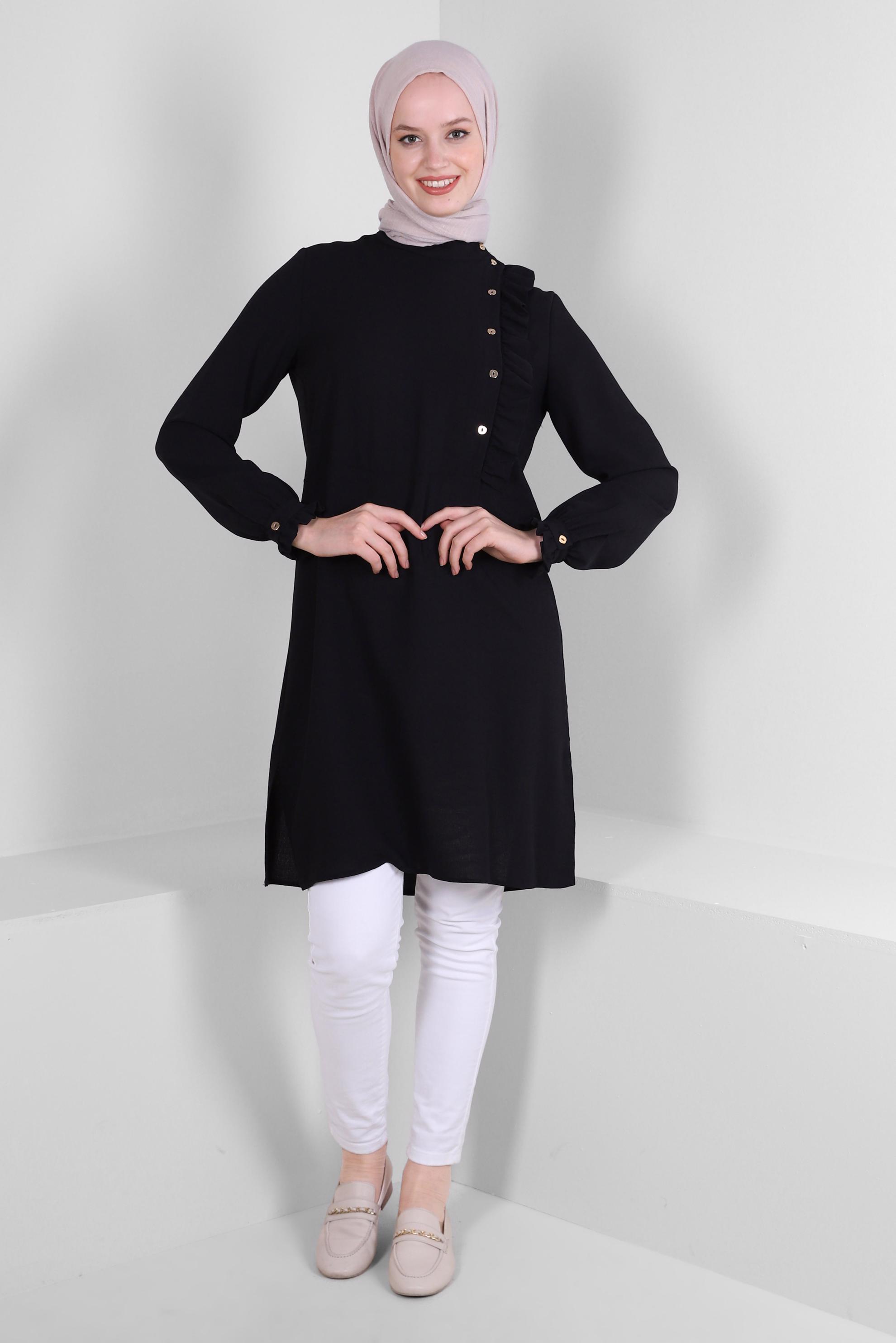 Tesettür giyim SİYAH FIRFIR DETAYLI DÜĞMELİ TUNİK 42825