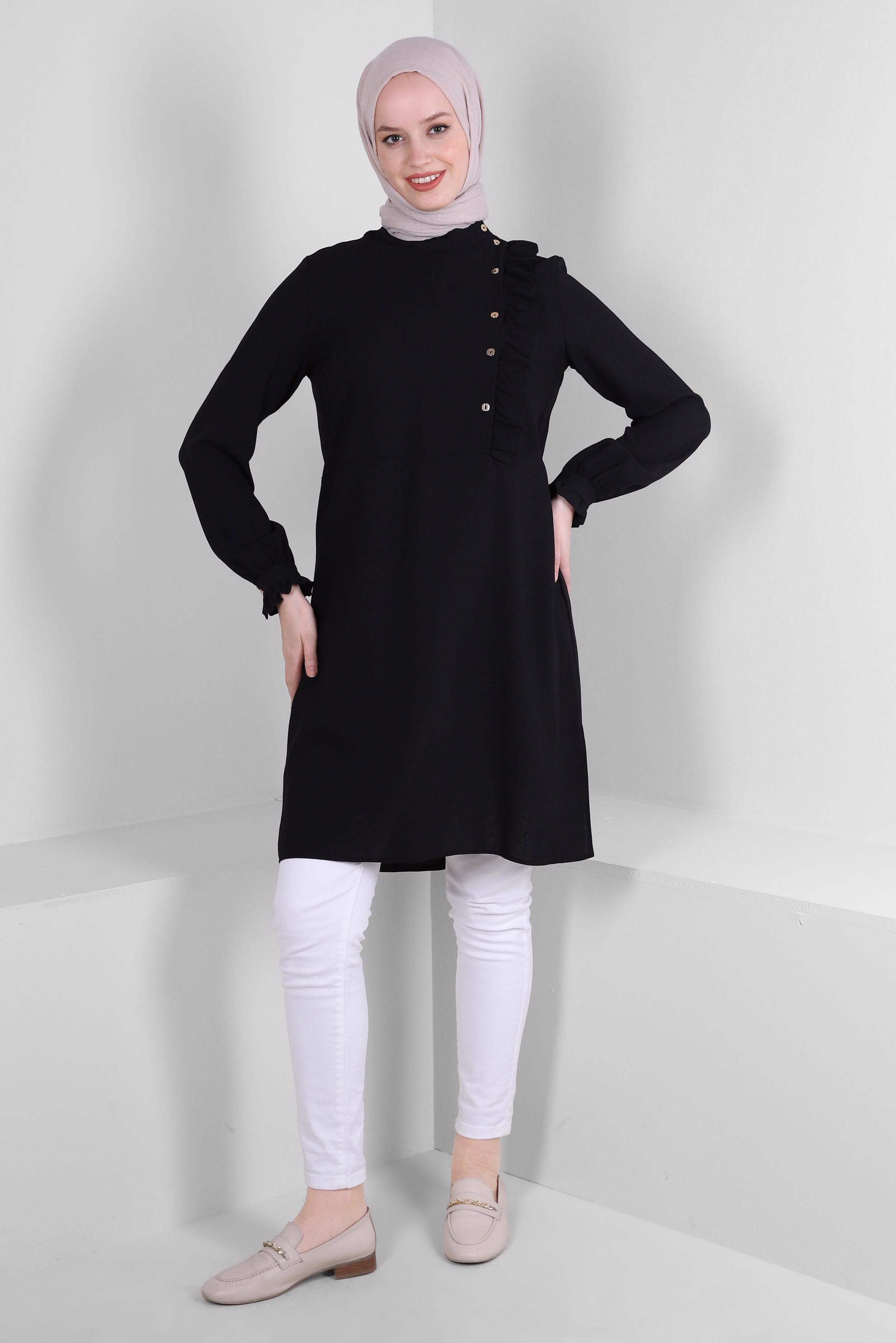 Tesettür giyim SİYAH FIRFIR DETAYLI DÜĞMELİ TUNİK 42825