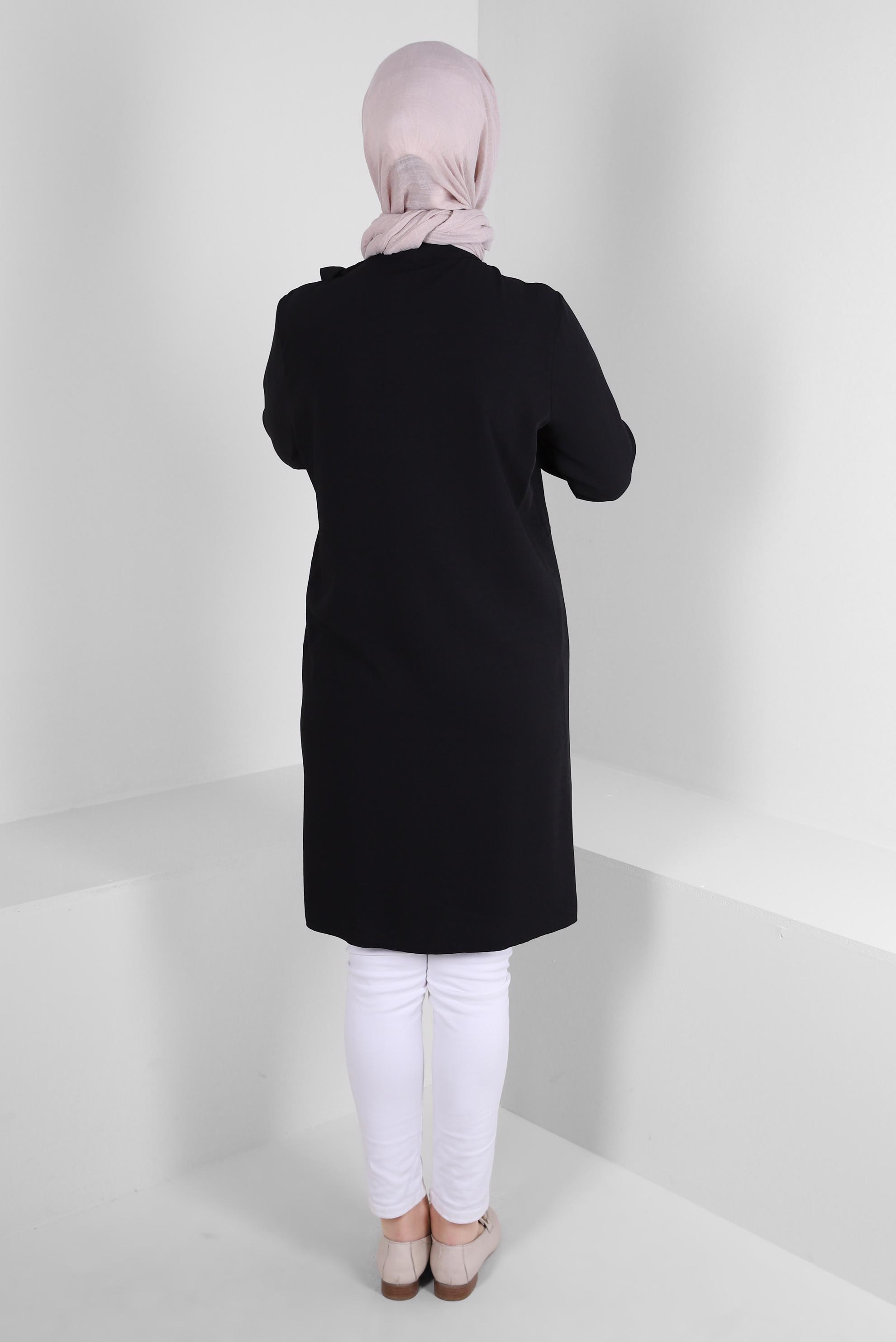 Tesettür giyim SİYAH FIRFIR DETAYLI DÜĞMELİ TUNİK 42825