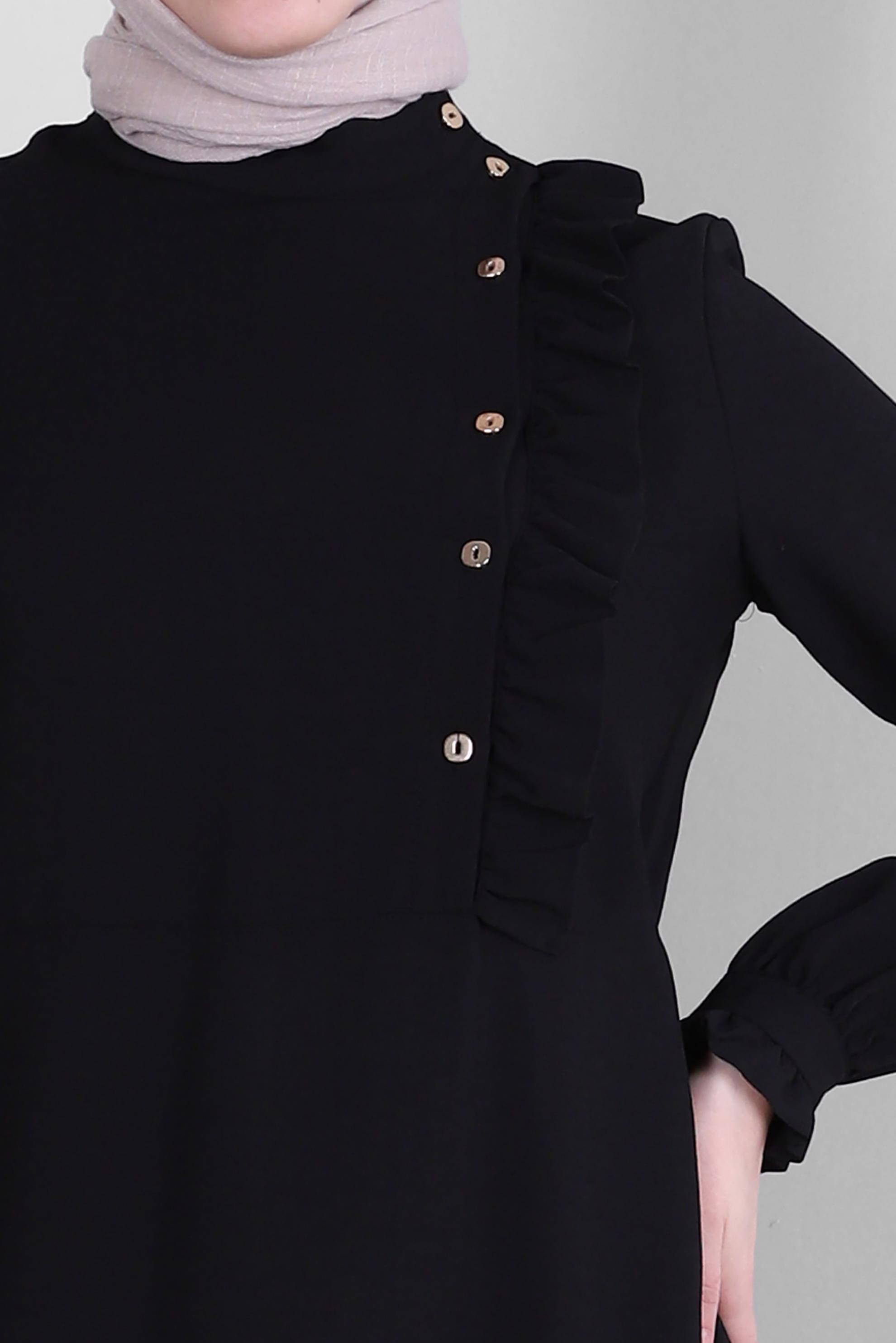 Tesettür giyim SİYAH FIRFIR DETAYLI DÜĞMELİ TUNİK 42825