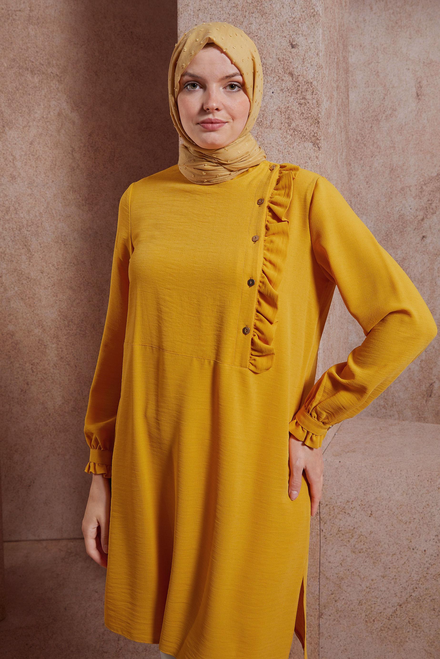 Tesettür giyim SARI FIRFIR DETAYLI DÜĞMELİ TUNİK 42825